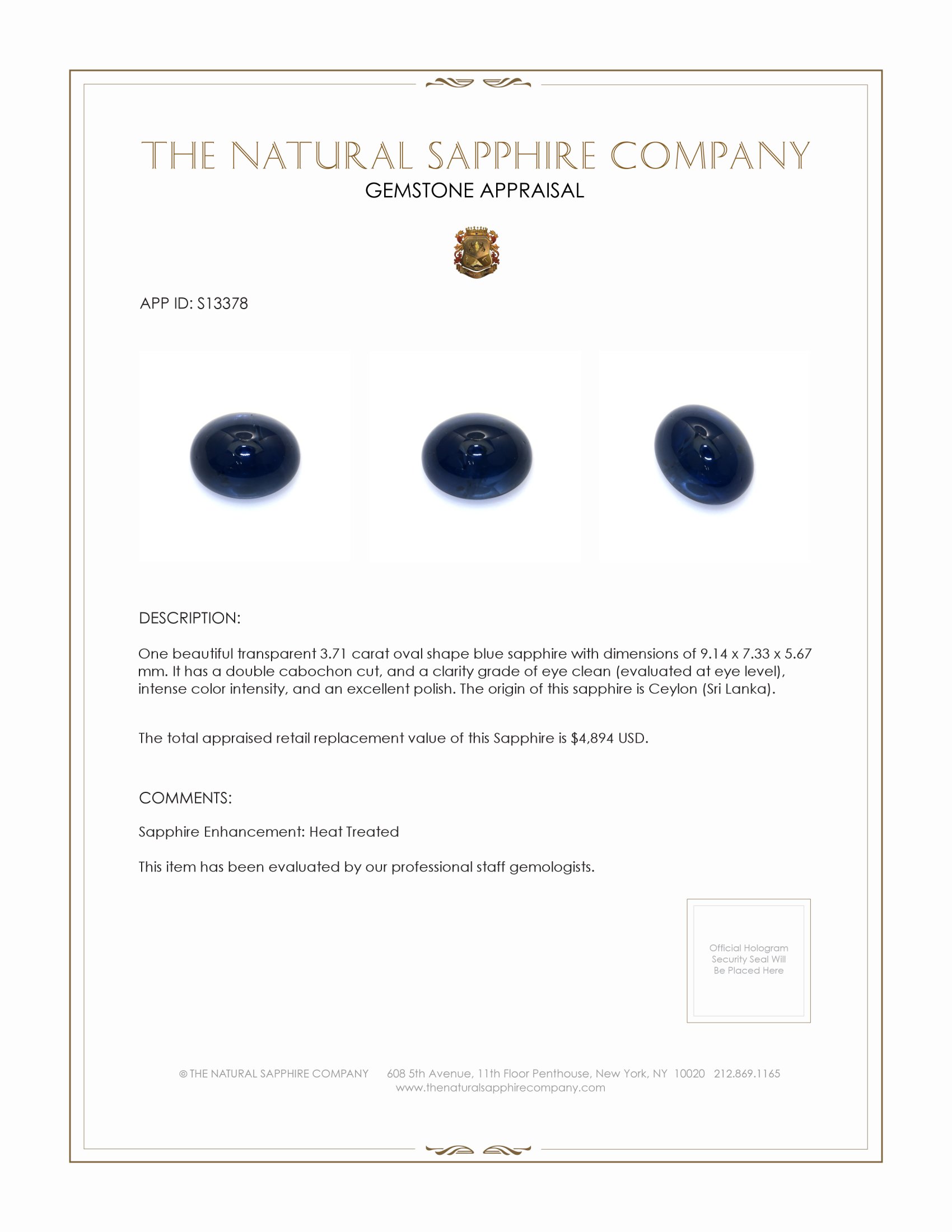 3.71 Ct. Blue Cabochon Sapphire from Ceylon (Sri Lanka)