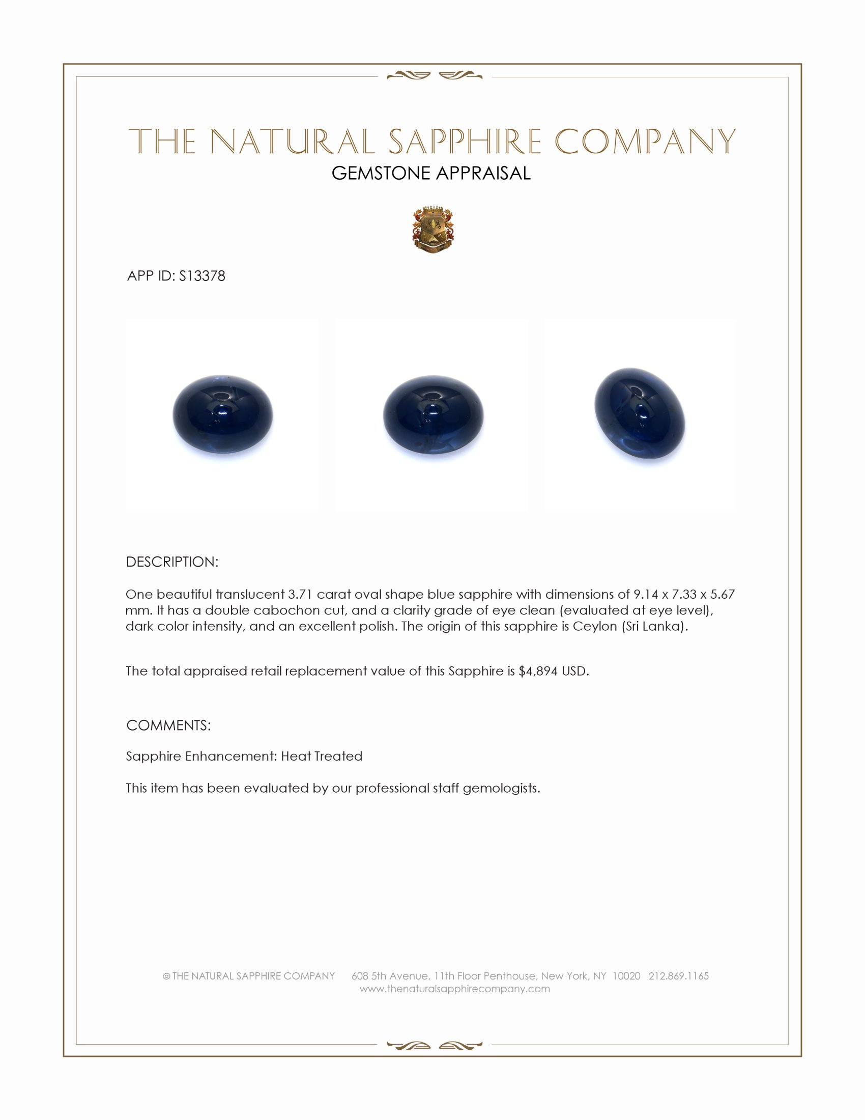 3.71 Ct. Blue Cabochon Sapphire from Ceylon (Sri Lanka)