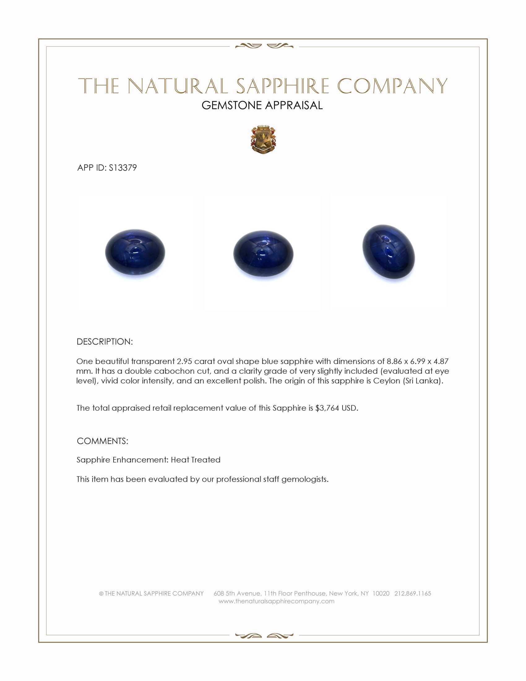 2.95 Ct. Blue Cabochon Sapphire from Ceylon (Sri Lanka)