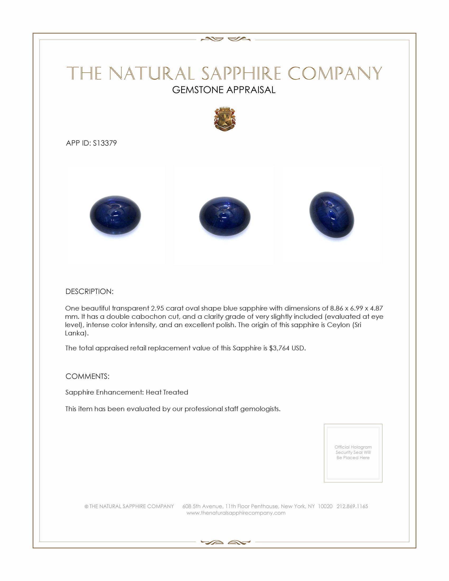 2.95 Ct. Blue Cabochon Sapphire from Ceylon (Sri Lanka)