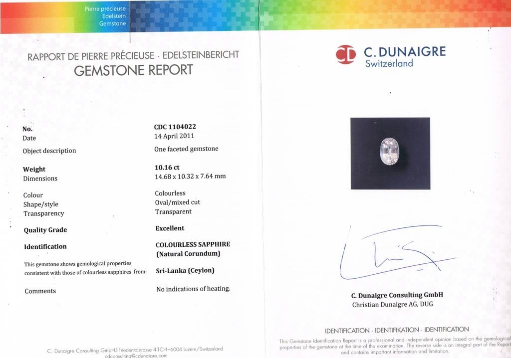 10.16 Ct. White Sapphire from Ceylon (Sri Lanka)