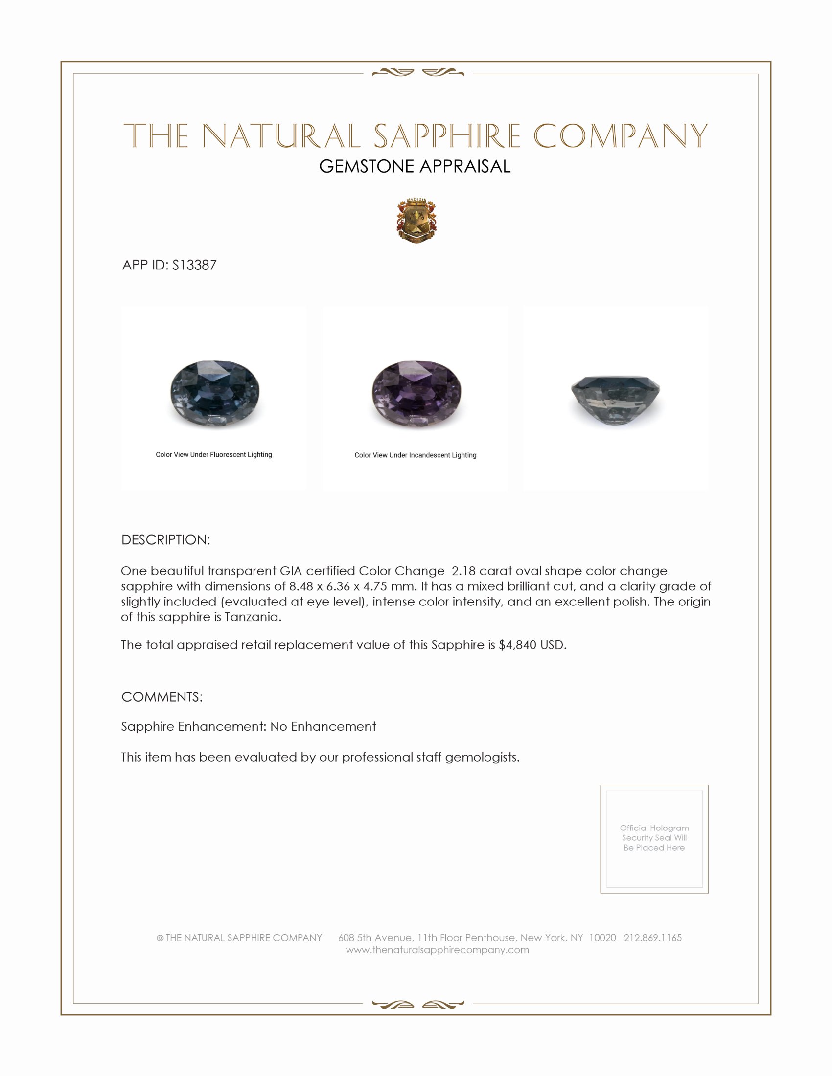 2.18 Ct. Color Change Sapphire from Tanzania