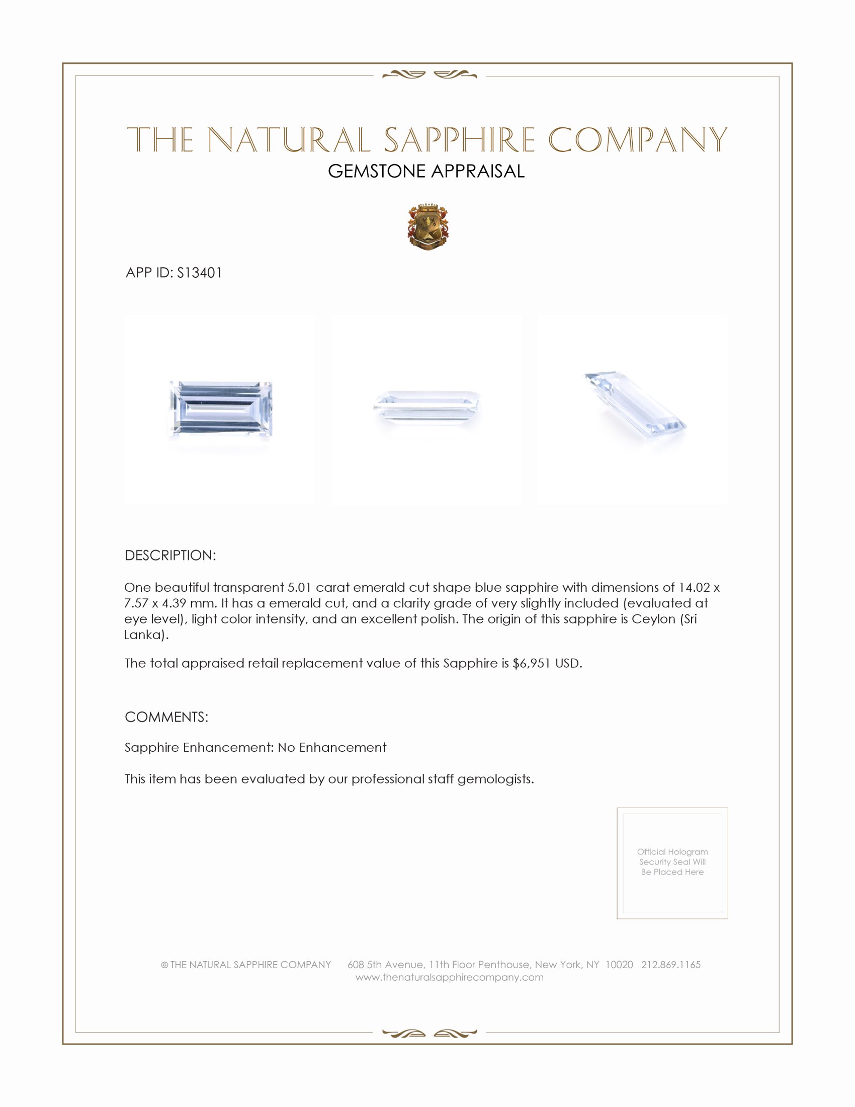 5.01 Ct. Blue Sapphire from Ceylon (Sri Lanka)