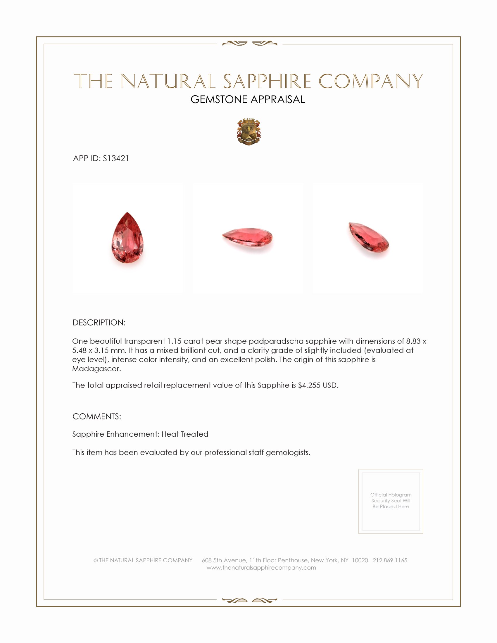 1.15 Ct. Padparadscha Sapphire from Madagascar