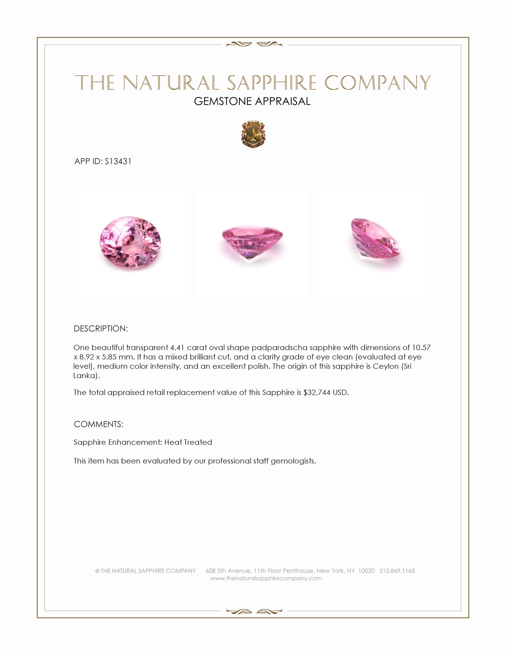 4.41 Ct. Padparadscha Sapphire from Ceylon (Sri Lanka)