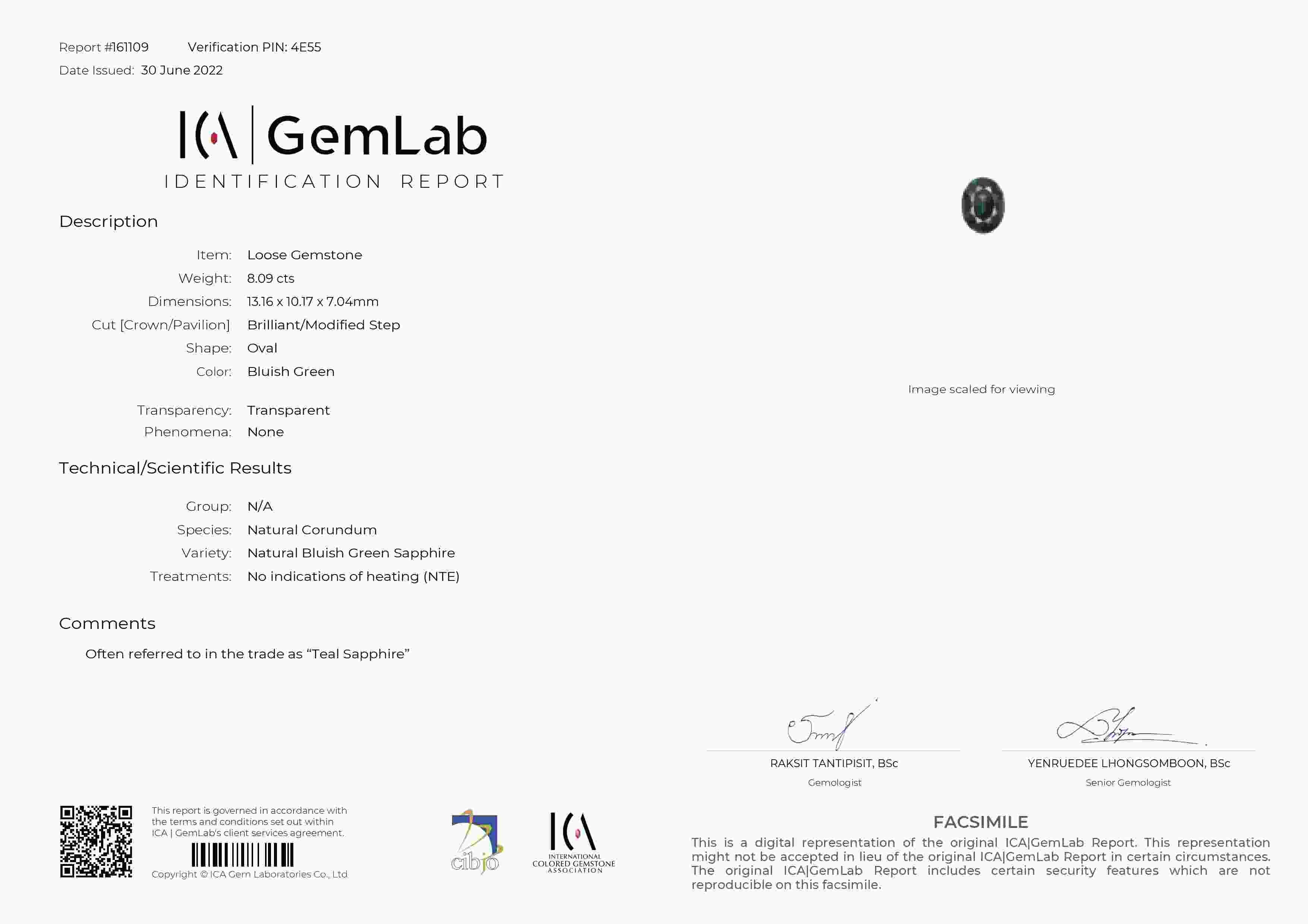 8.09 Ct. Bluish Green Sapphire from Madagascar