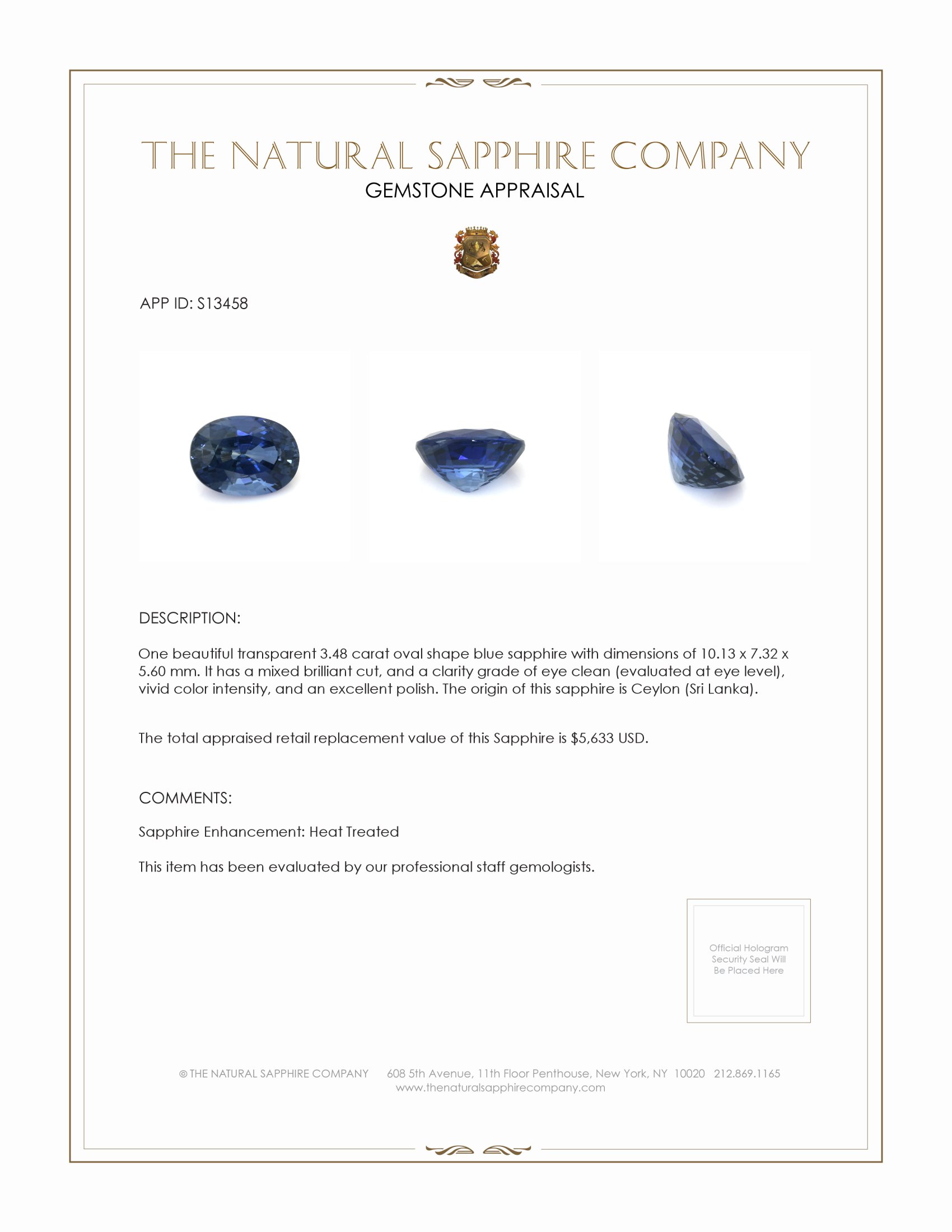 3.48 Ct. Blue Sapphire from Ceylon (Sri Lanka)