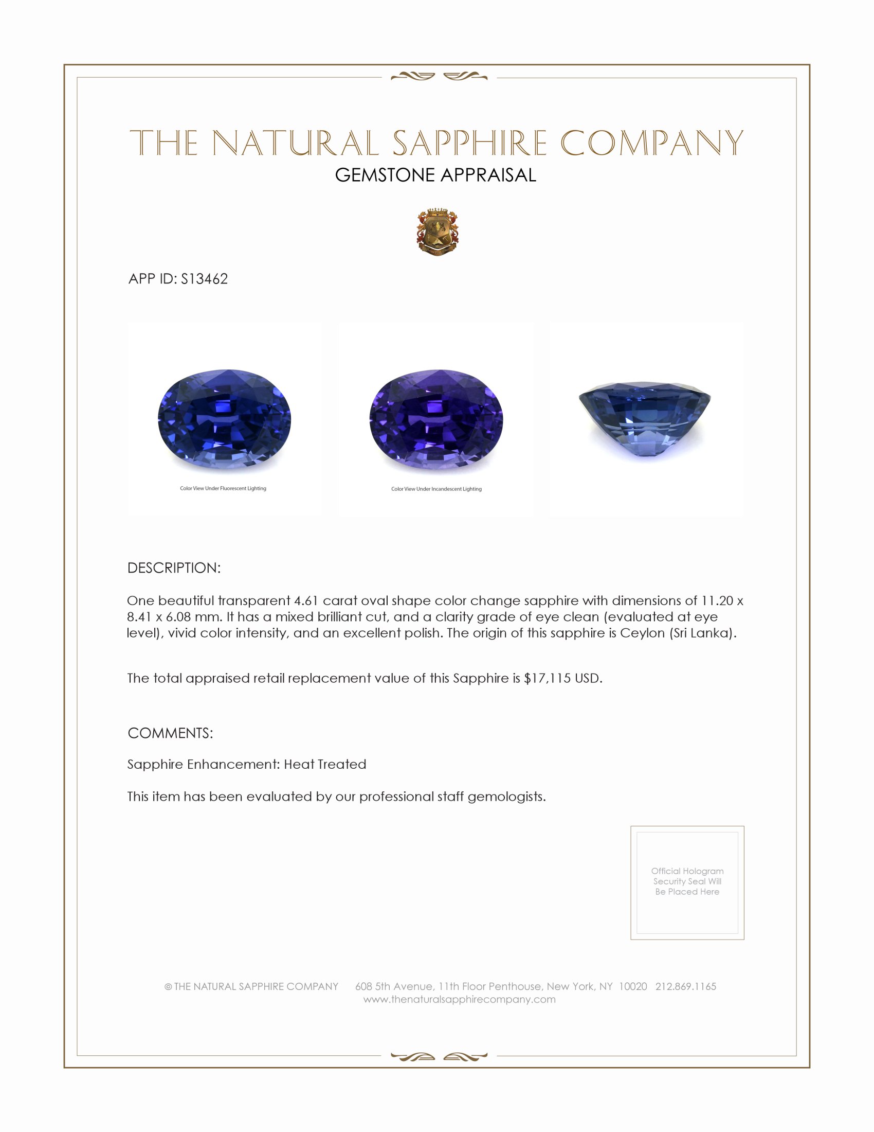 4.61 Ct. Color Change Sapphire from Ceylon (Sri Lanka)