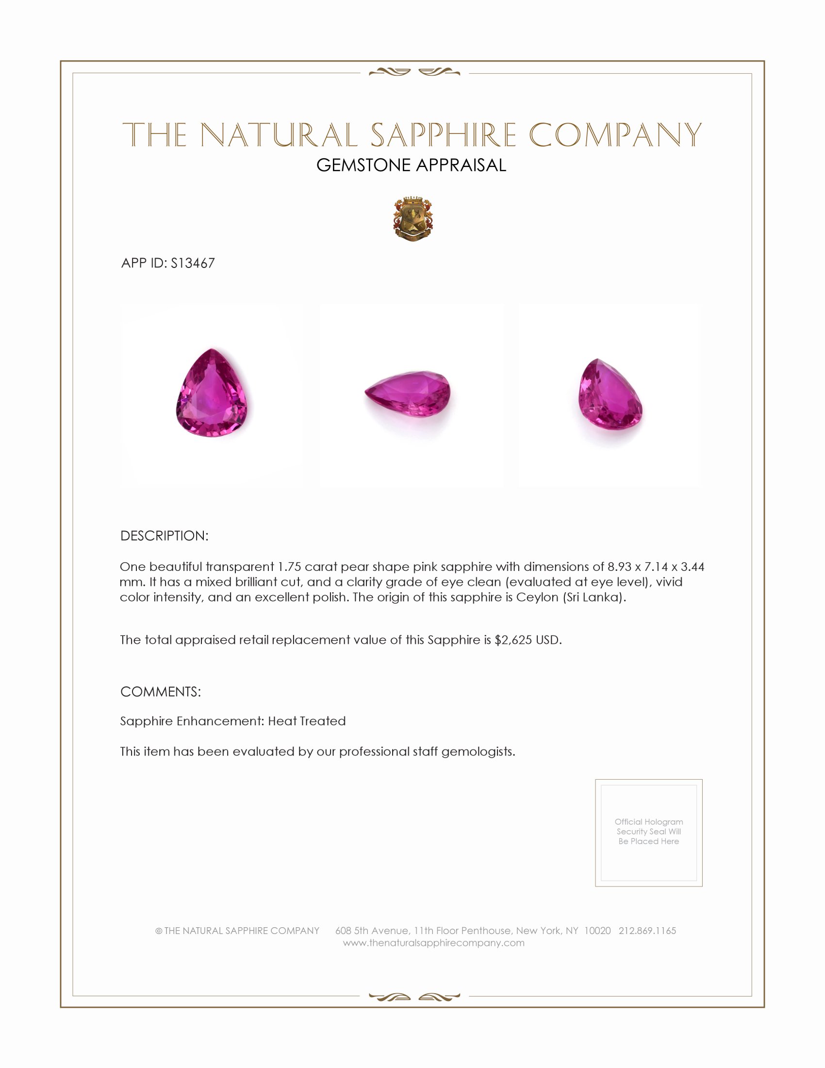 1.75 Ct. Pink Sapphire from Ceylon (Sri Lanka)