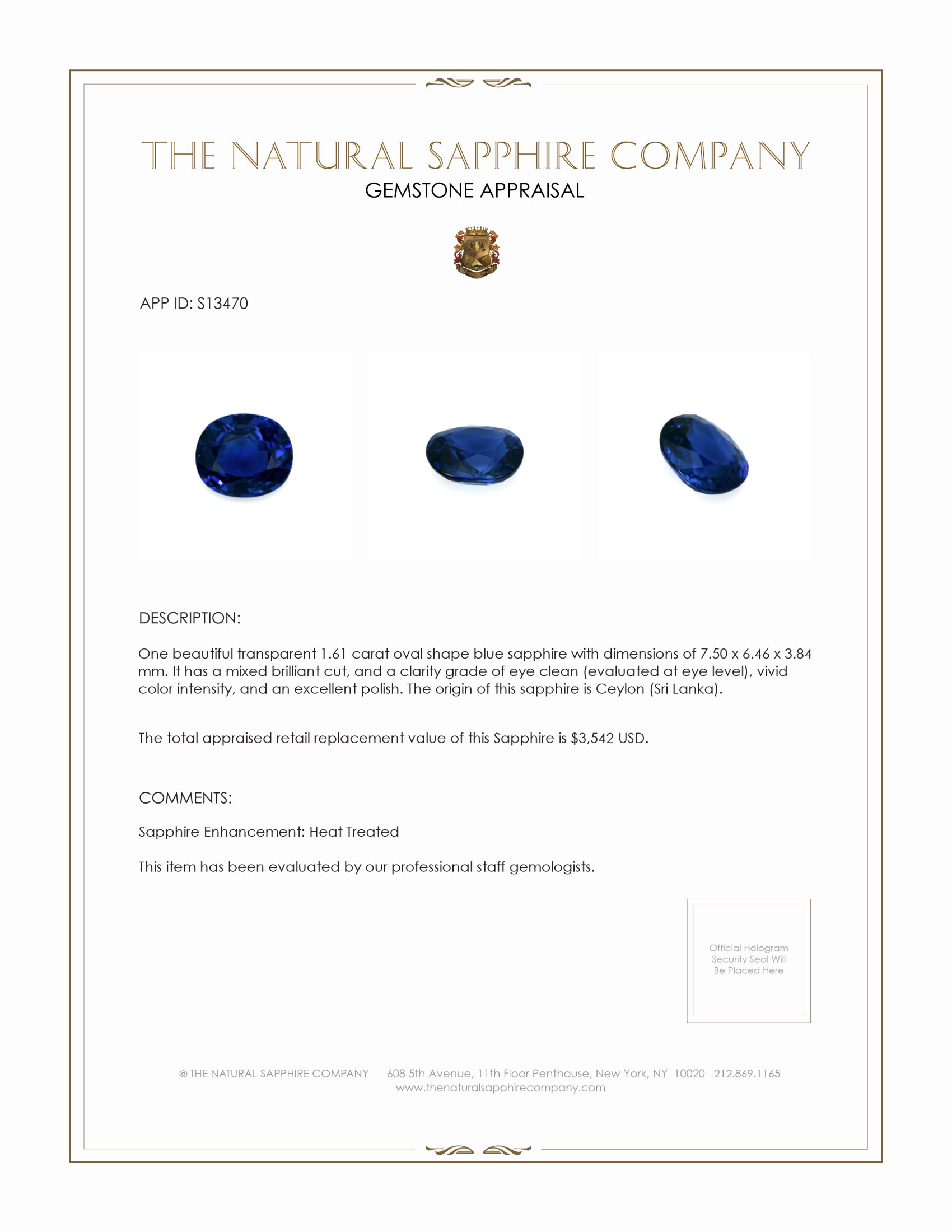 1.61 Ct. Blue Sapphire from Ceylon (Sri Lanka)