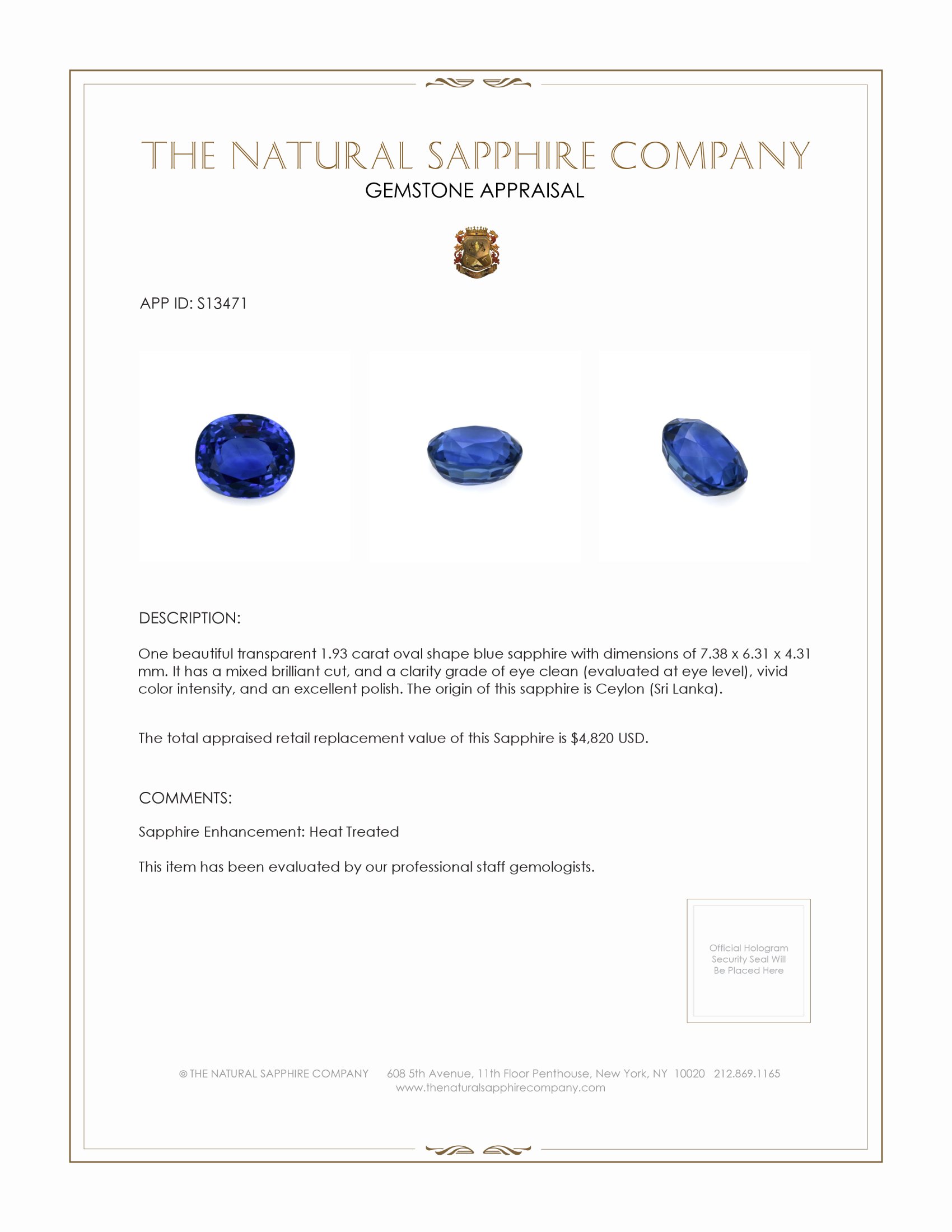 1.93 Ct. Blue Sapphire from Ceylon (Sri Lanka)