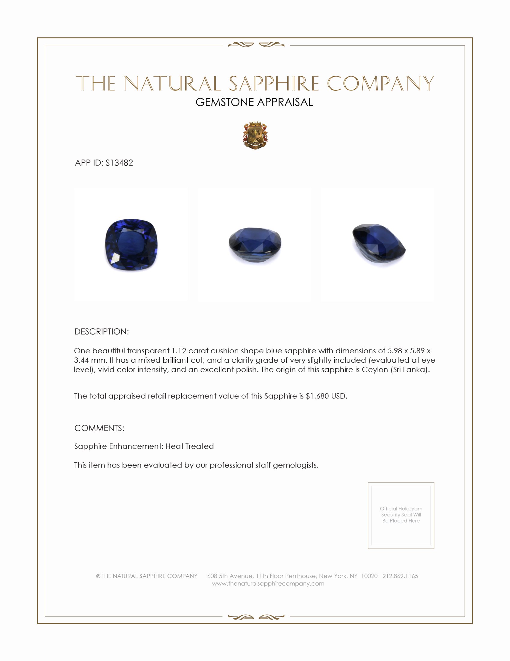 1.12 Ct. Blue Sapphire from Ceylon (Sri Lanka)