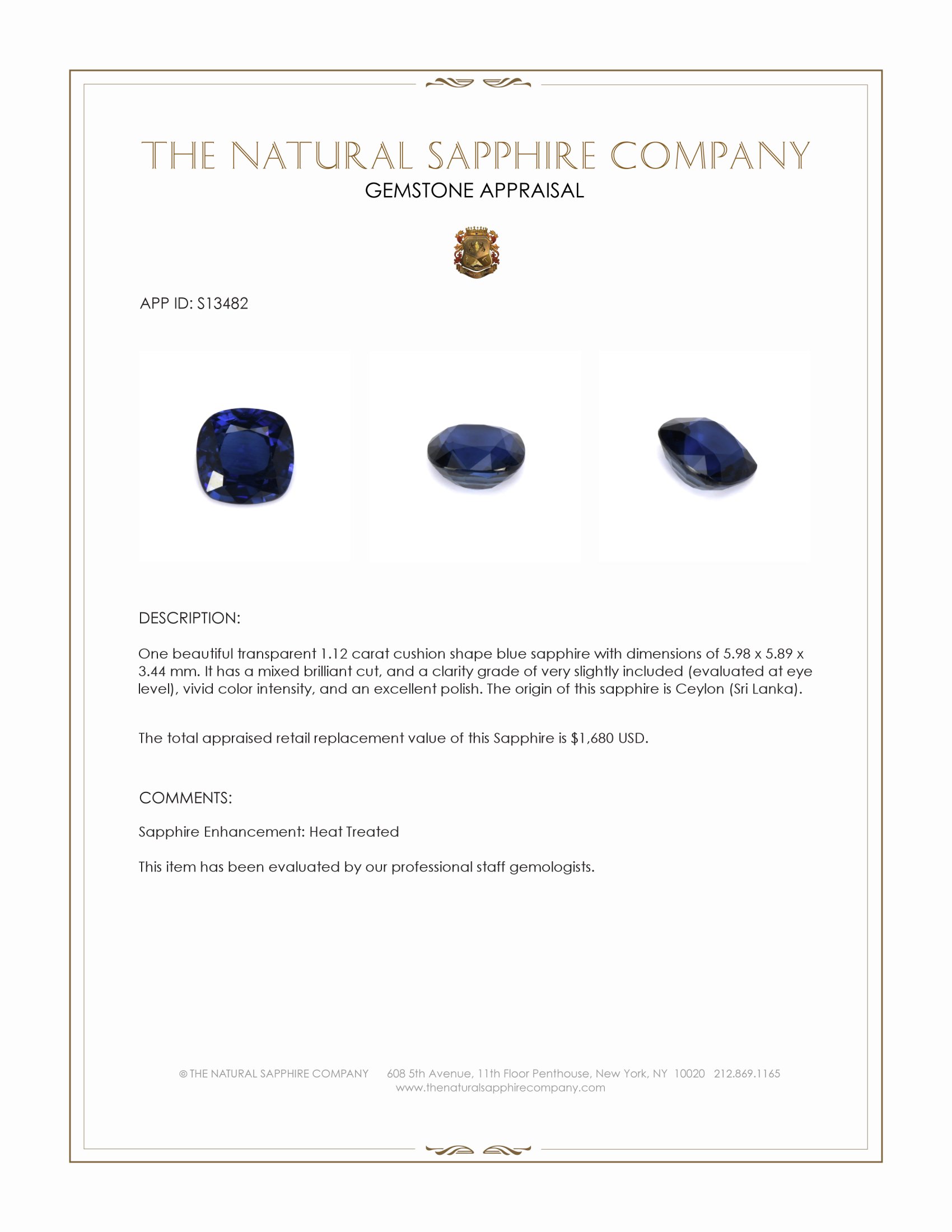 1.12 Ct. Blue Sapphire from Ceylon (Sri Lanka)