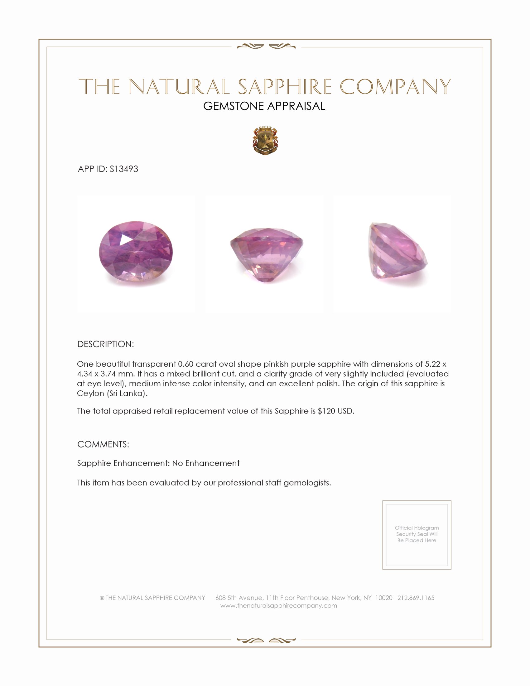0.60 Ct. Pinkish Purple Sapphire from Ceylon (Sri Lanka)