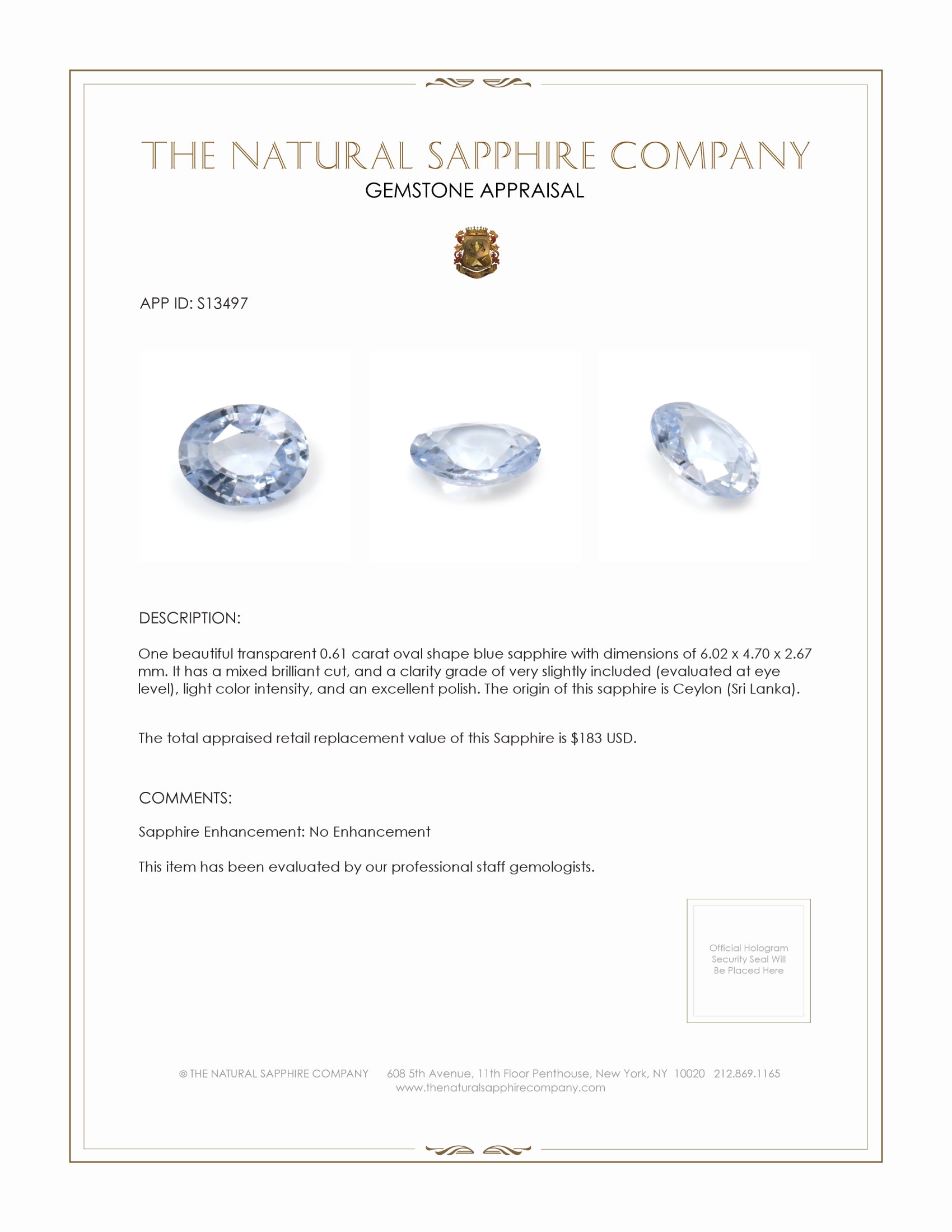 0.61 Ct. Blue Sapphire from Ceylon (Sri Lanka)
