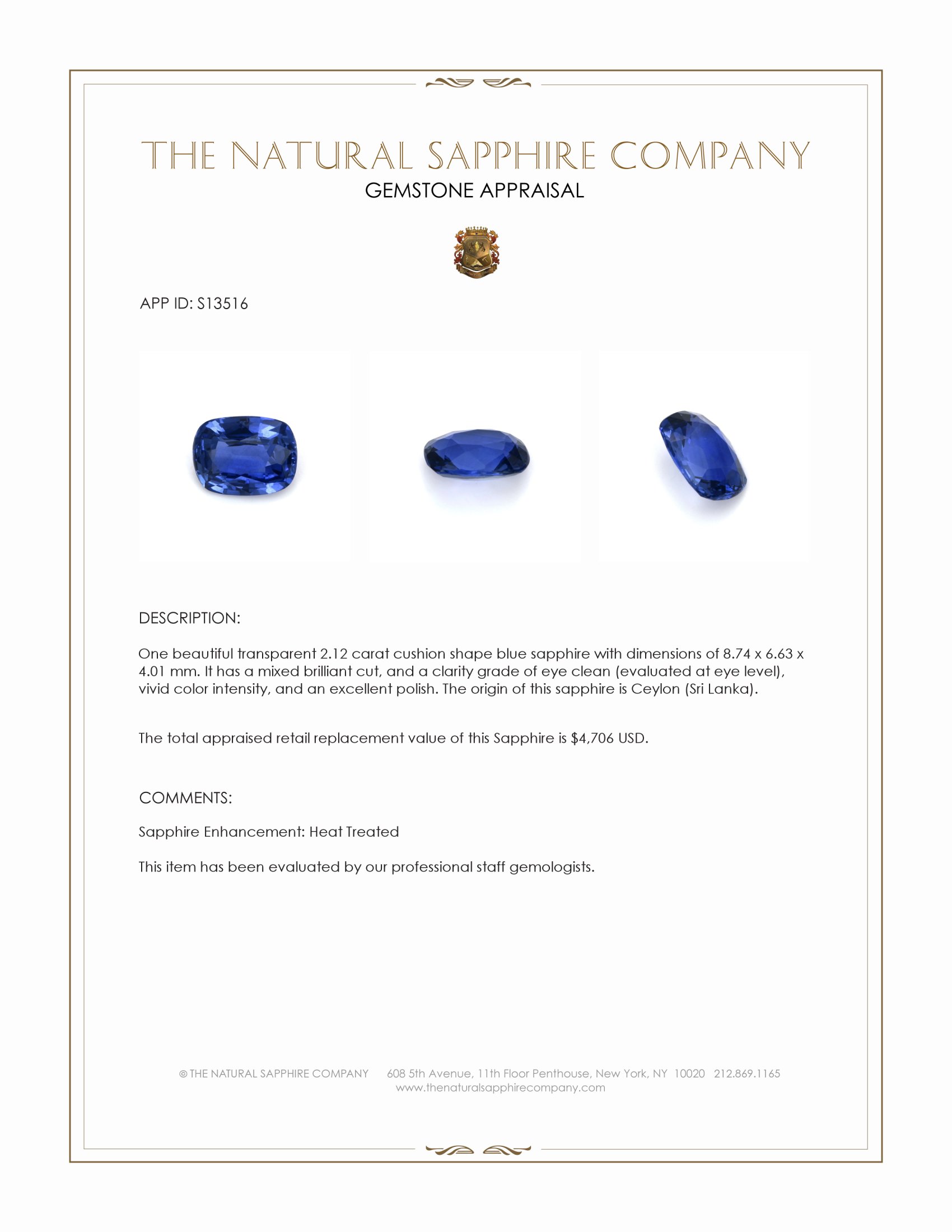 2.12 Ct. Blue Sapphire from Ceylon (Sri Lanka)