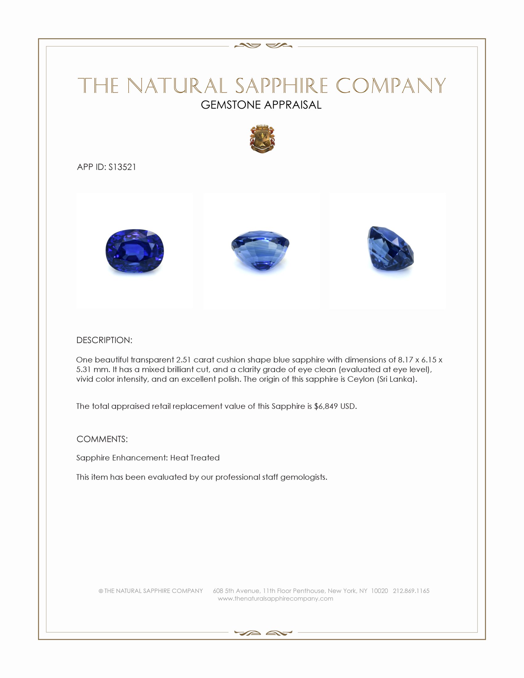 2.51 Ct. Blue Sapphire from Ceylon (Sri Lanka)