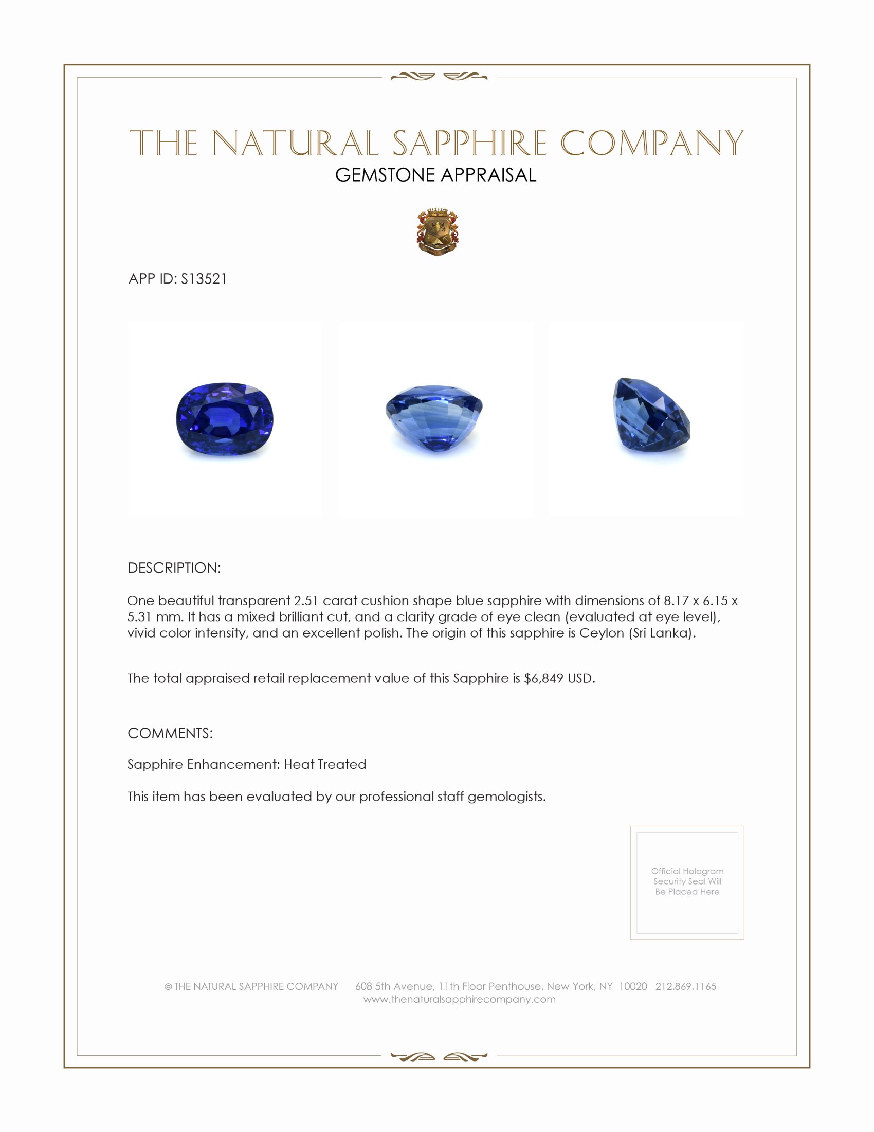 2.51 Ct. Blue Sapphire from Ceylon (Sri Lanka)