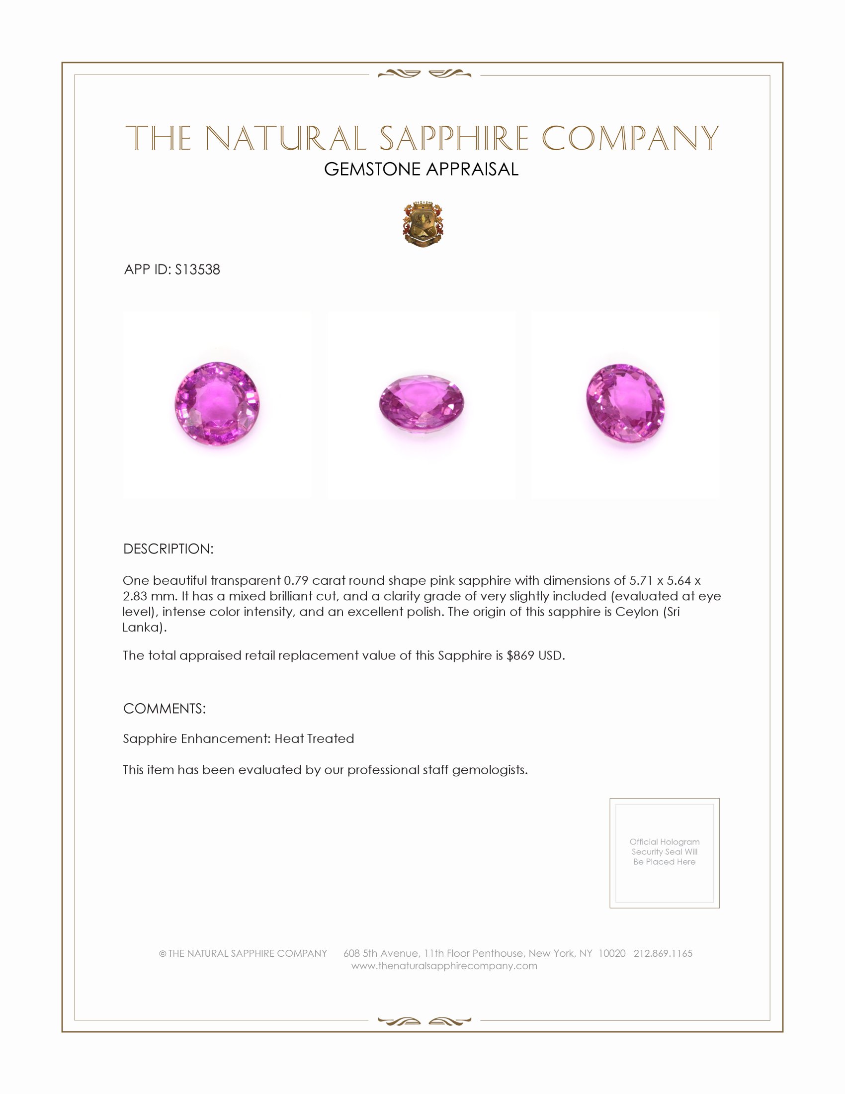 0.79 Ct. Pink Sapphire from Ceylon (Sri Lanka)