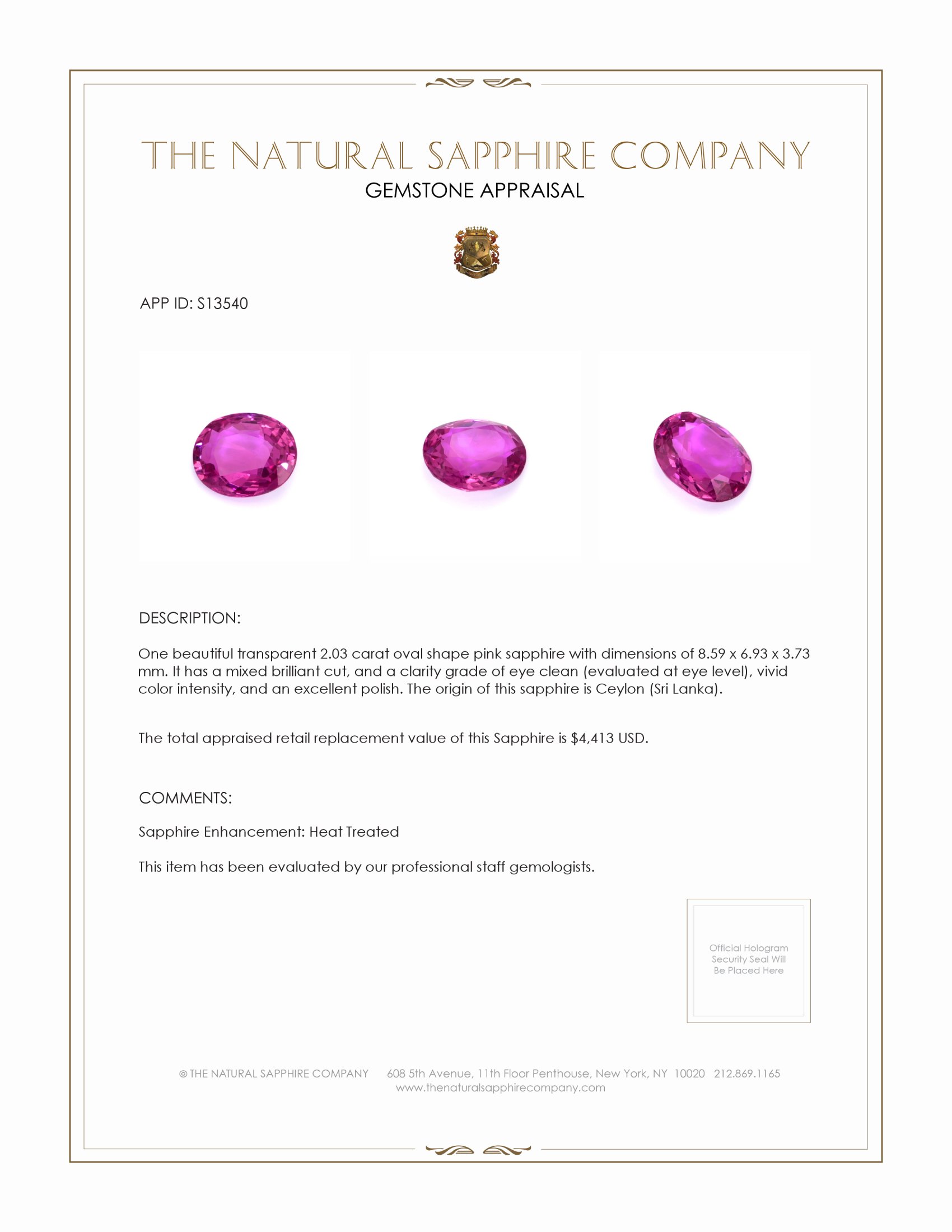 2.03 Ct. Pink Sapphire from Ceylon (Sri Lanka)