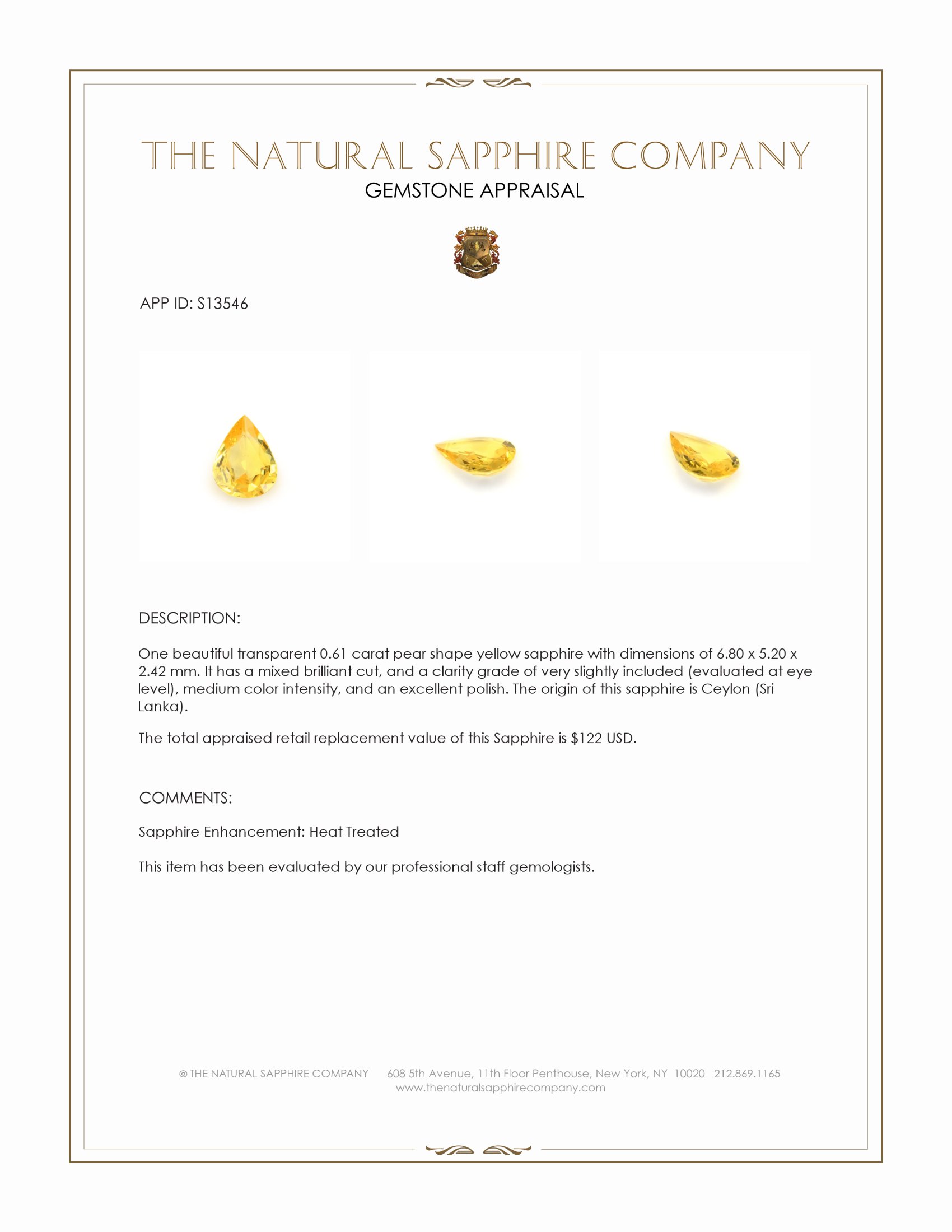 0.61 Ct. Yellow Sapphire from Ceylon (Sri Lanka)