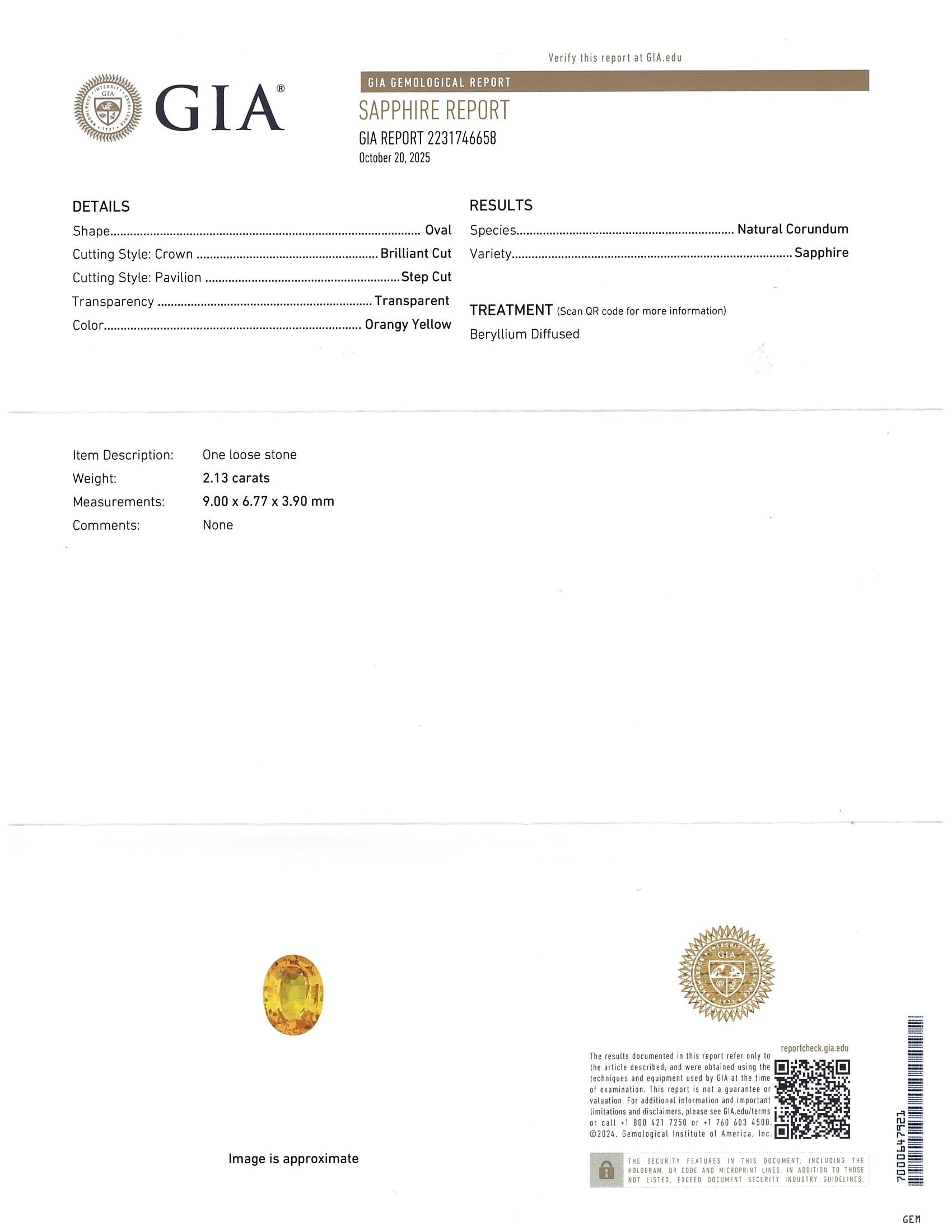 2.13 Ct. Orangish Yellow Sapphire from Ceylon (Sri Lanka)
