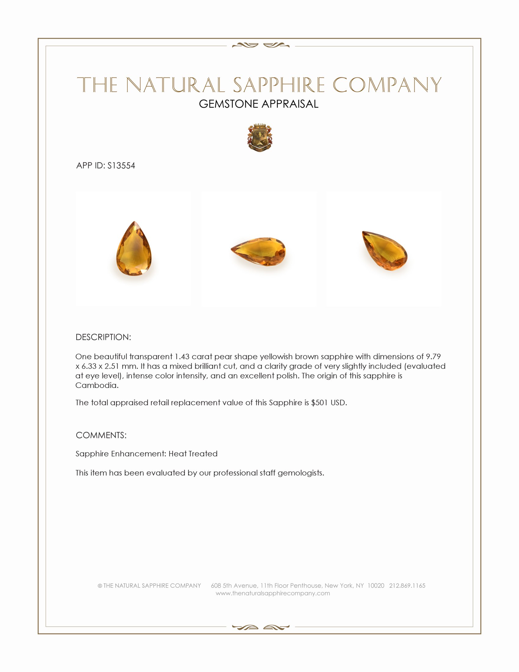 1.43 Ct. Yellowish Brown Sapphire from Cambodia