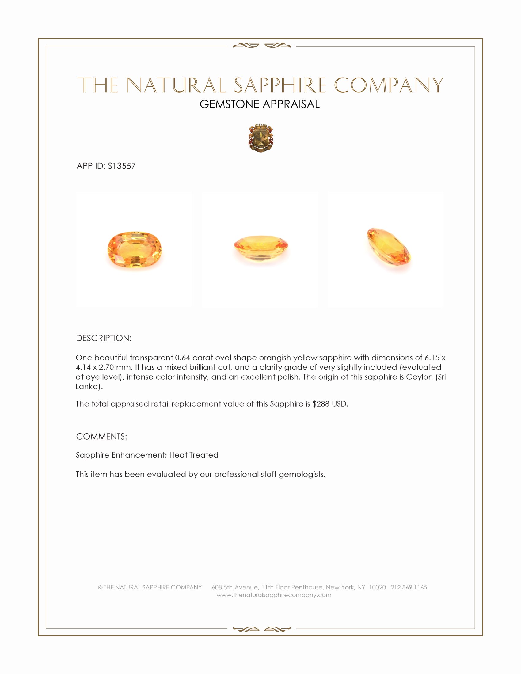 0.64 Ct. Orangish Yellow Sapphire from Ceylon (Sri Lanka)