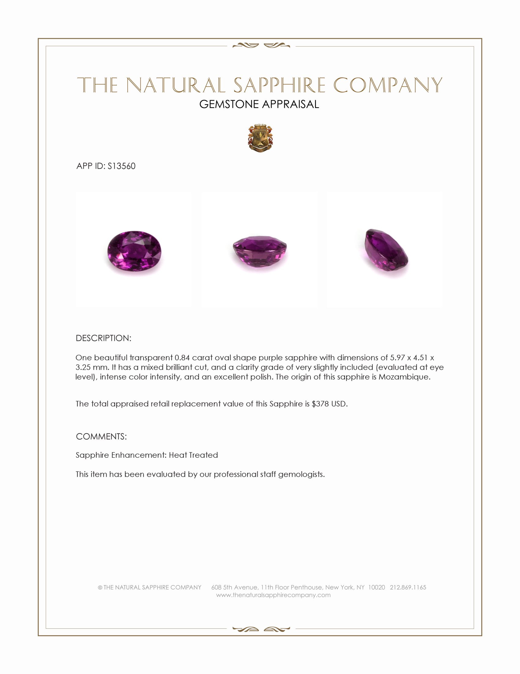 0.84 Ct. Purple Sapphire from Mozambique