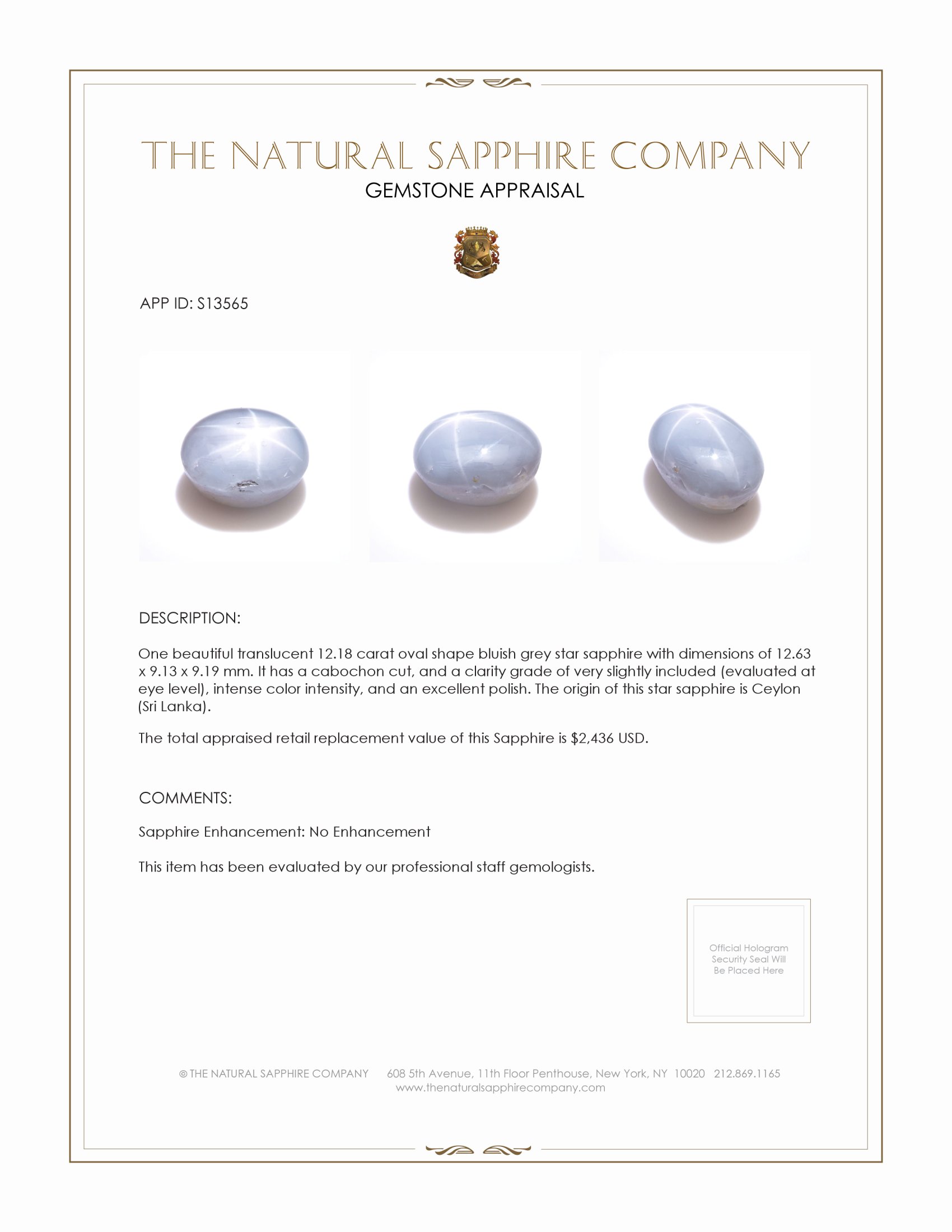 12.18 Ct. Bluish Grey Star Sapphire from Ceylon (Sri Lanka)