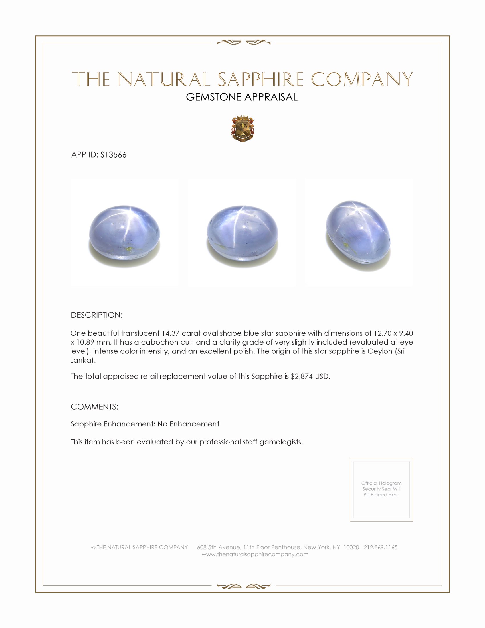 14.37 Ct. Blue Star Sapphire from Ceylon (Sri Lanka)