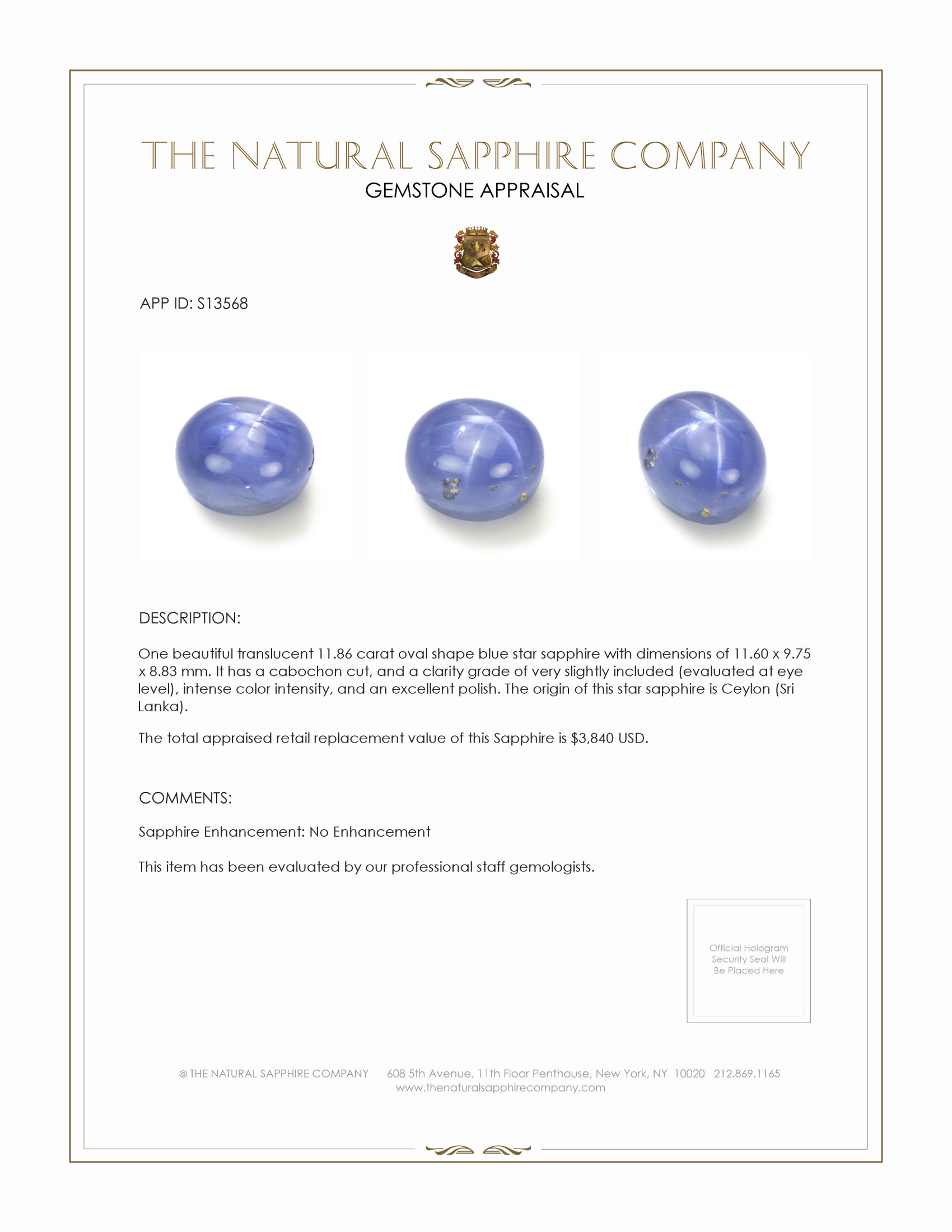 11.86 Ct. Blue Star Sapphire from Ceylon (Sri Lanka)