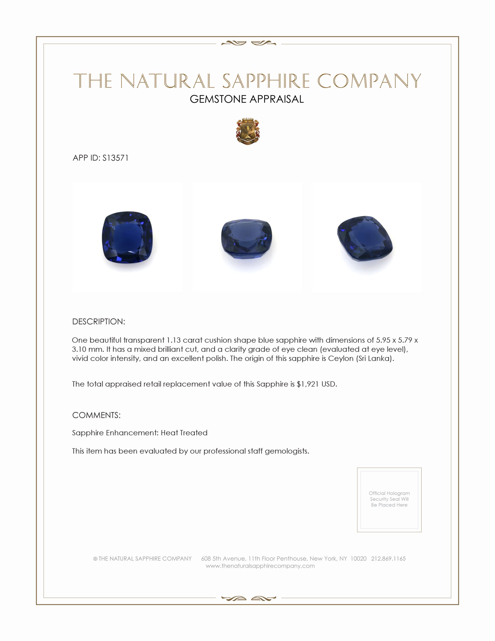 1.13 Ct. Blue Sapphire from Ceylon (Sri Lanka)