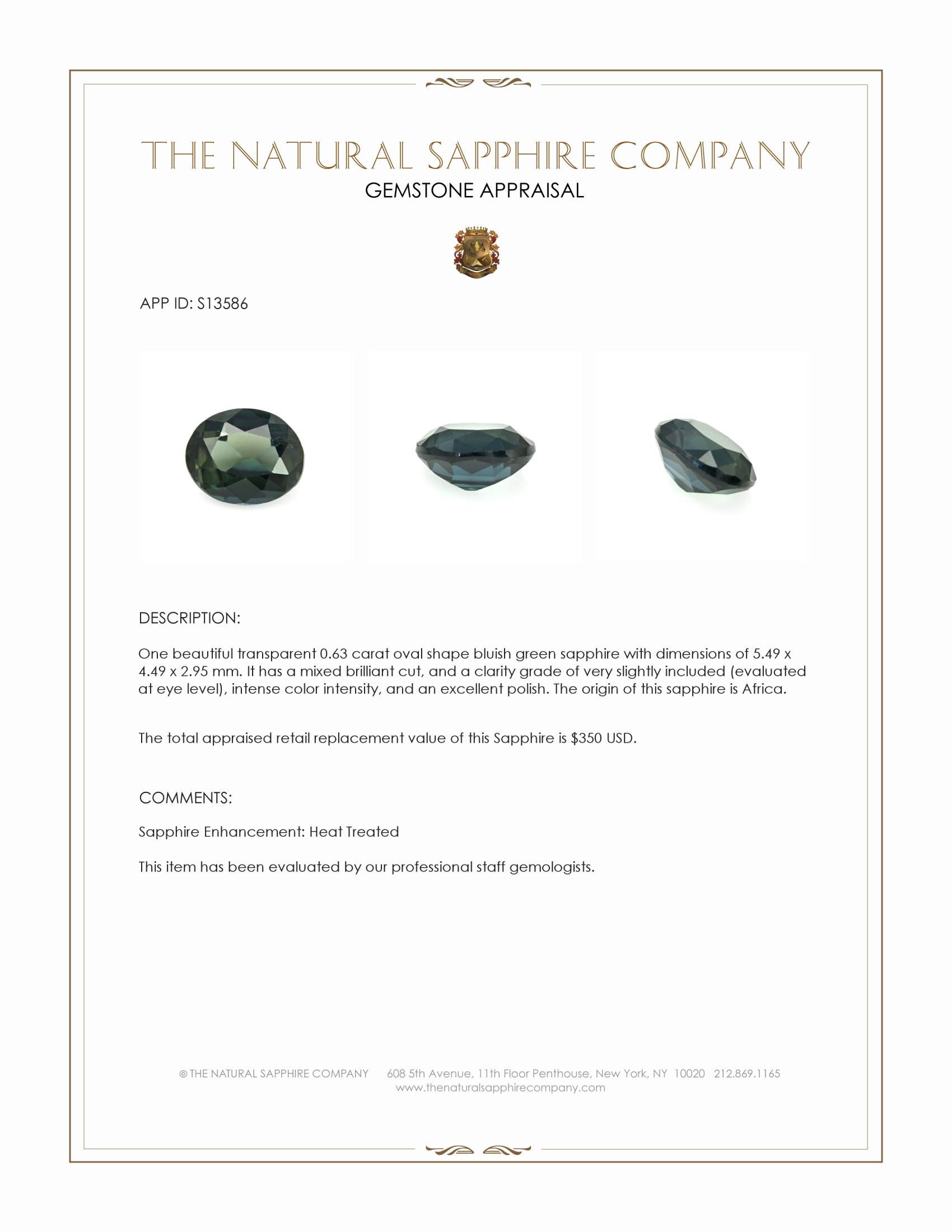 0.63 Ct. Bluish Green Sapphire from Africa