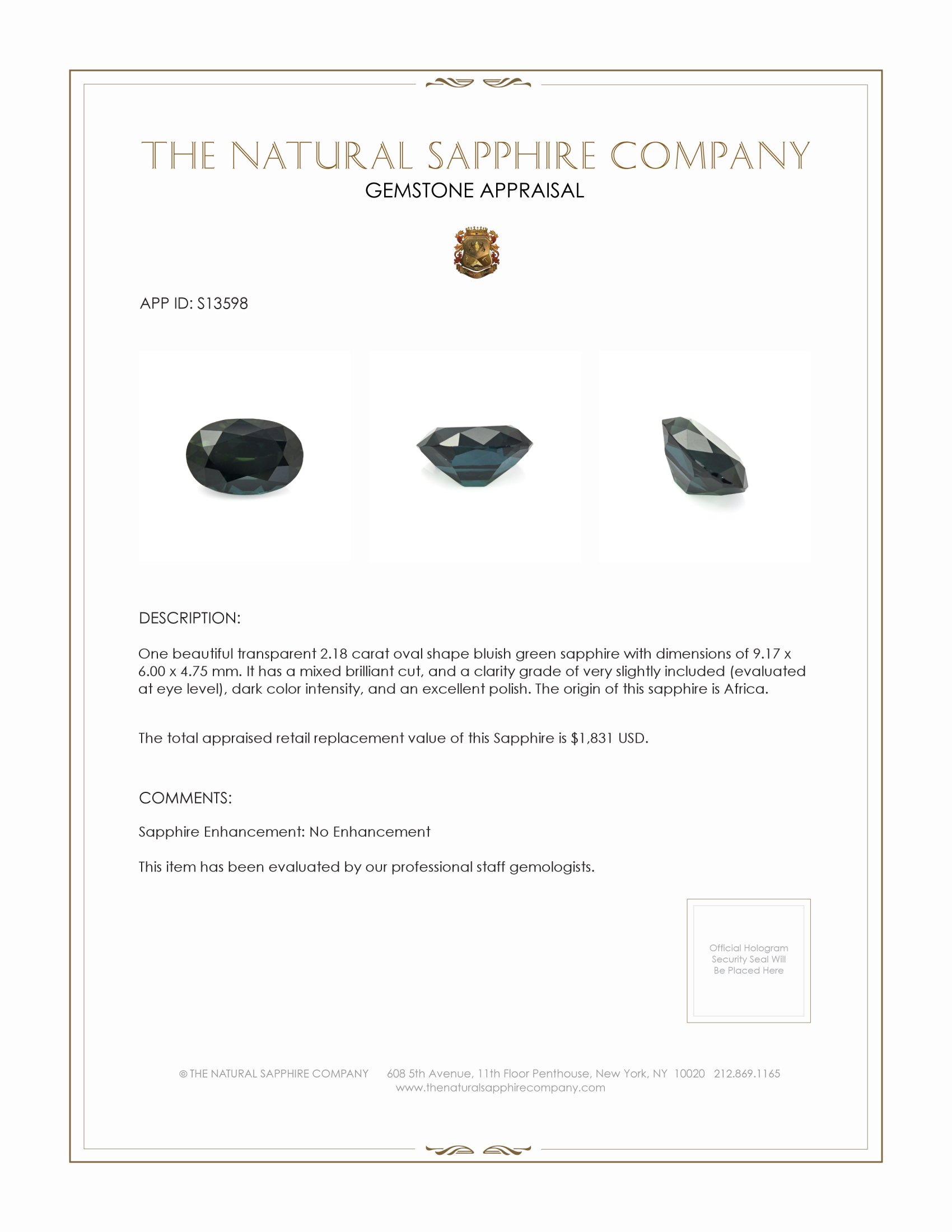 2.18 Ct. Green Sapphire from Africa