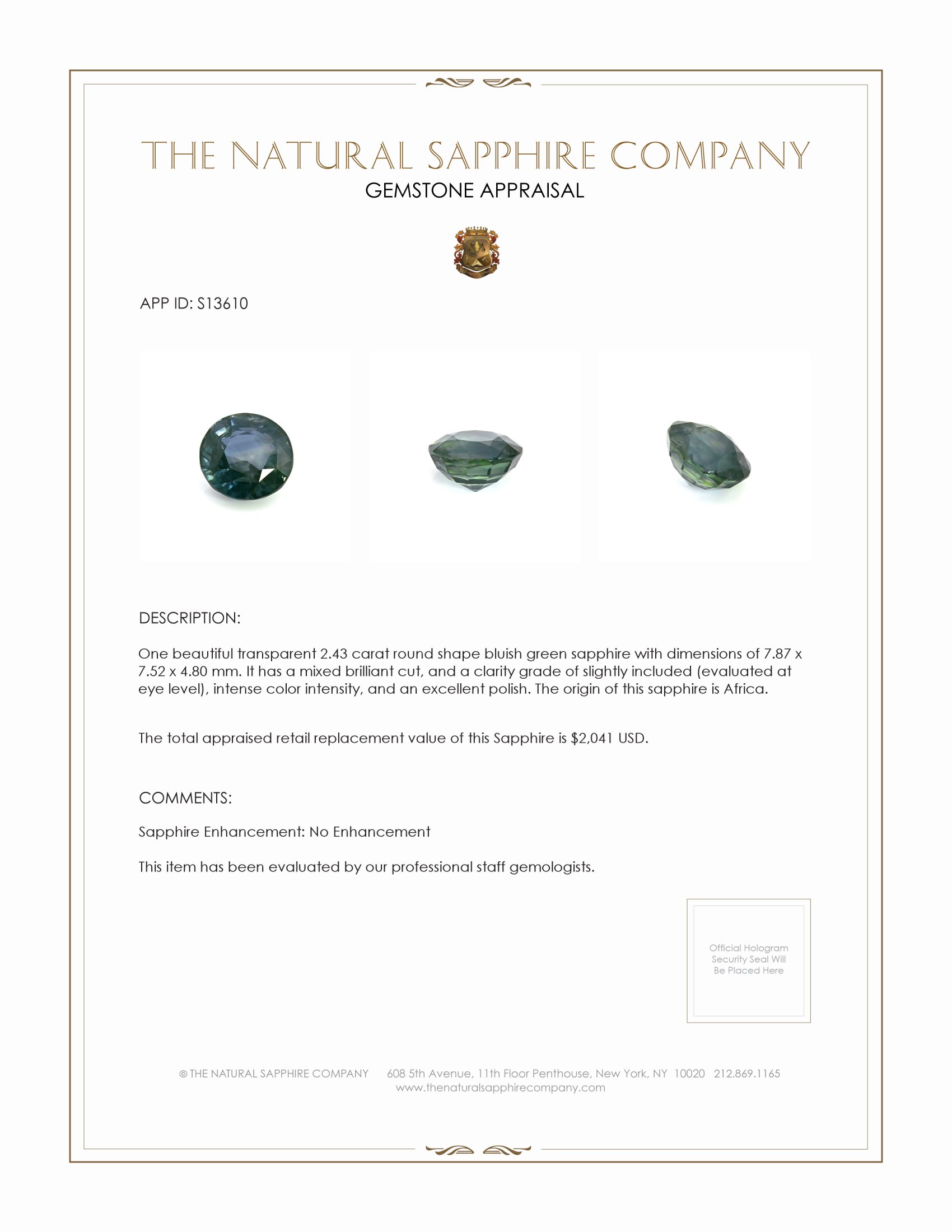 2.43 Ct. Greenish Blue Sapphire from Africa