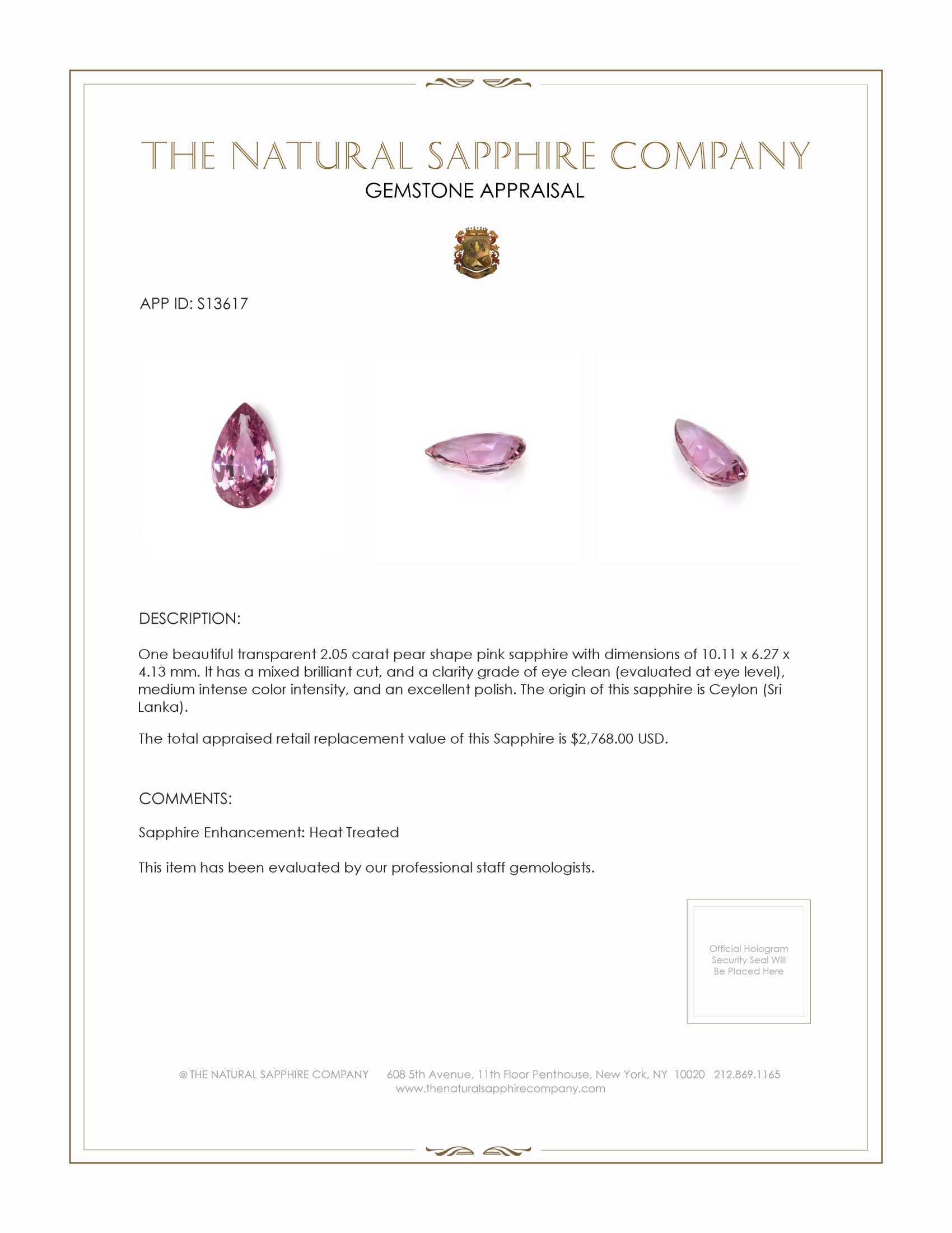 2.05 Ct. Pink Sapphire from Ceylon (Sri Lanka)