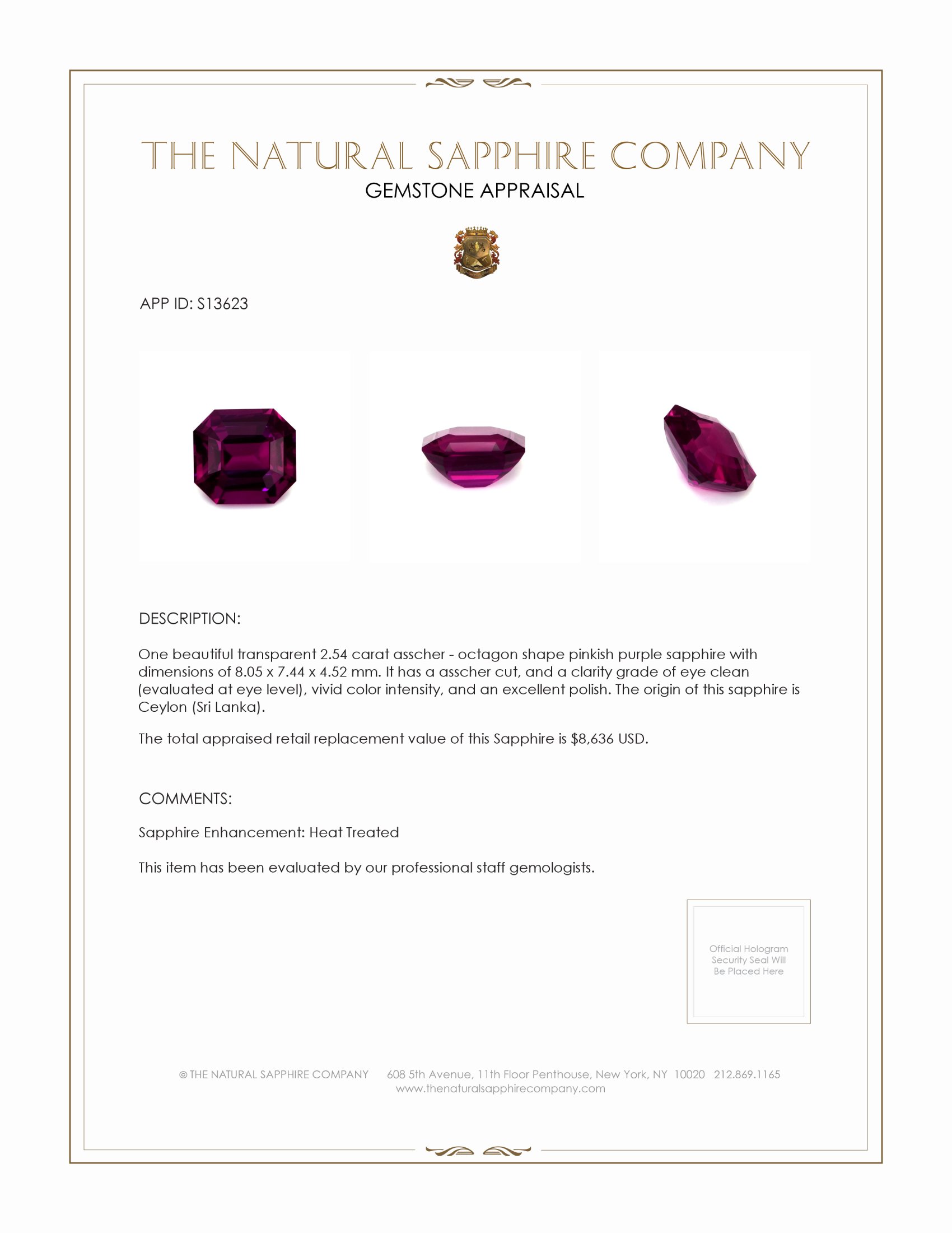 2.54 Ct. Pinkish Purple Sapphire from Ceylon (Sri Lanka)