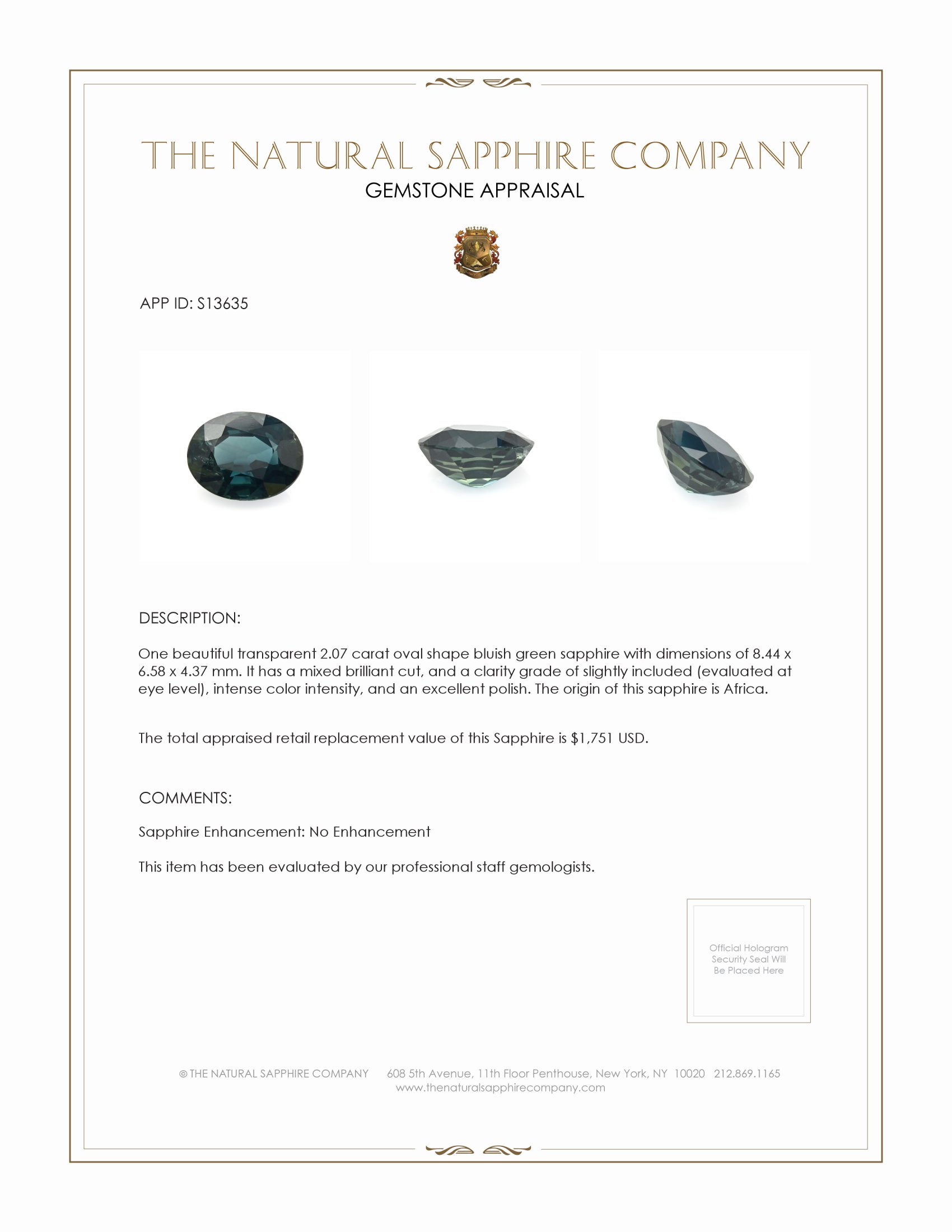 2.07 Ct. Greenish Blue Sapphire from Africa