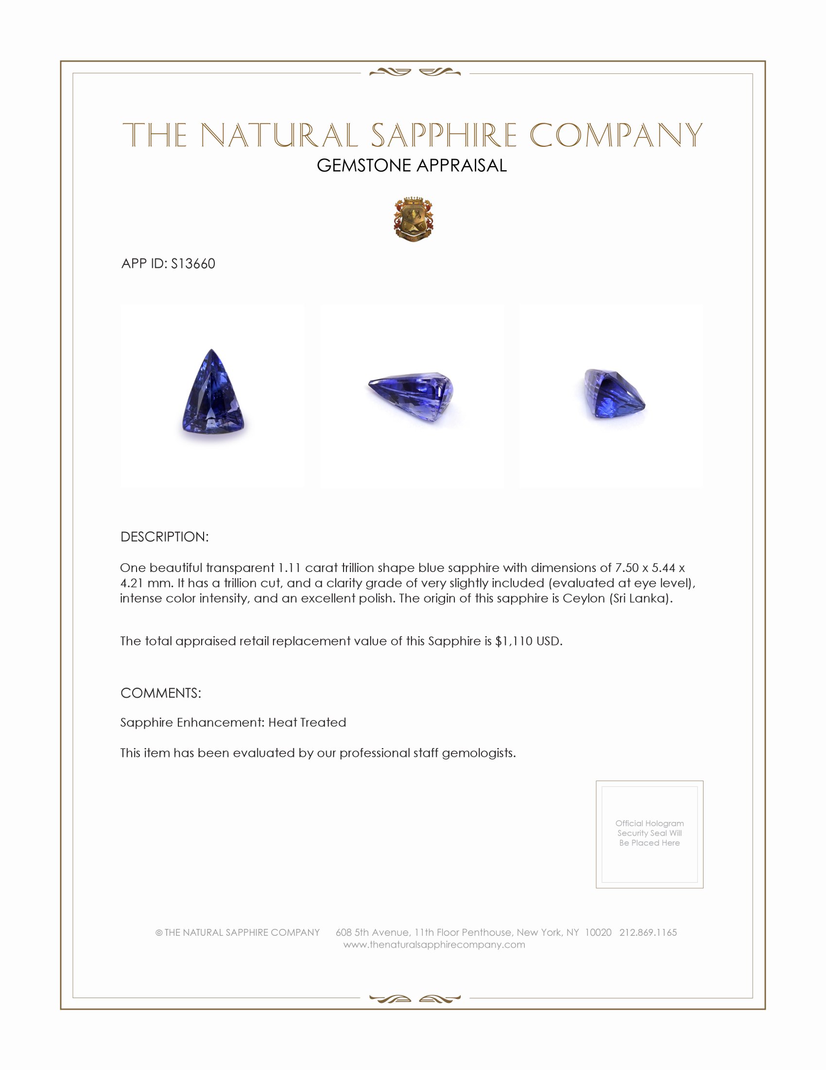 1.11 Ct. Blue Sapphire from Ceylon (Sri Lanka)