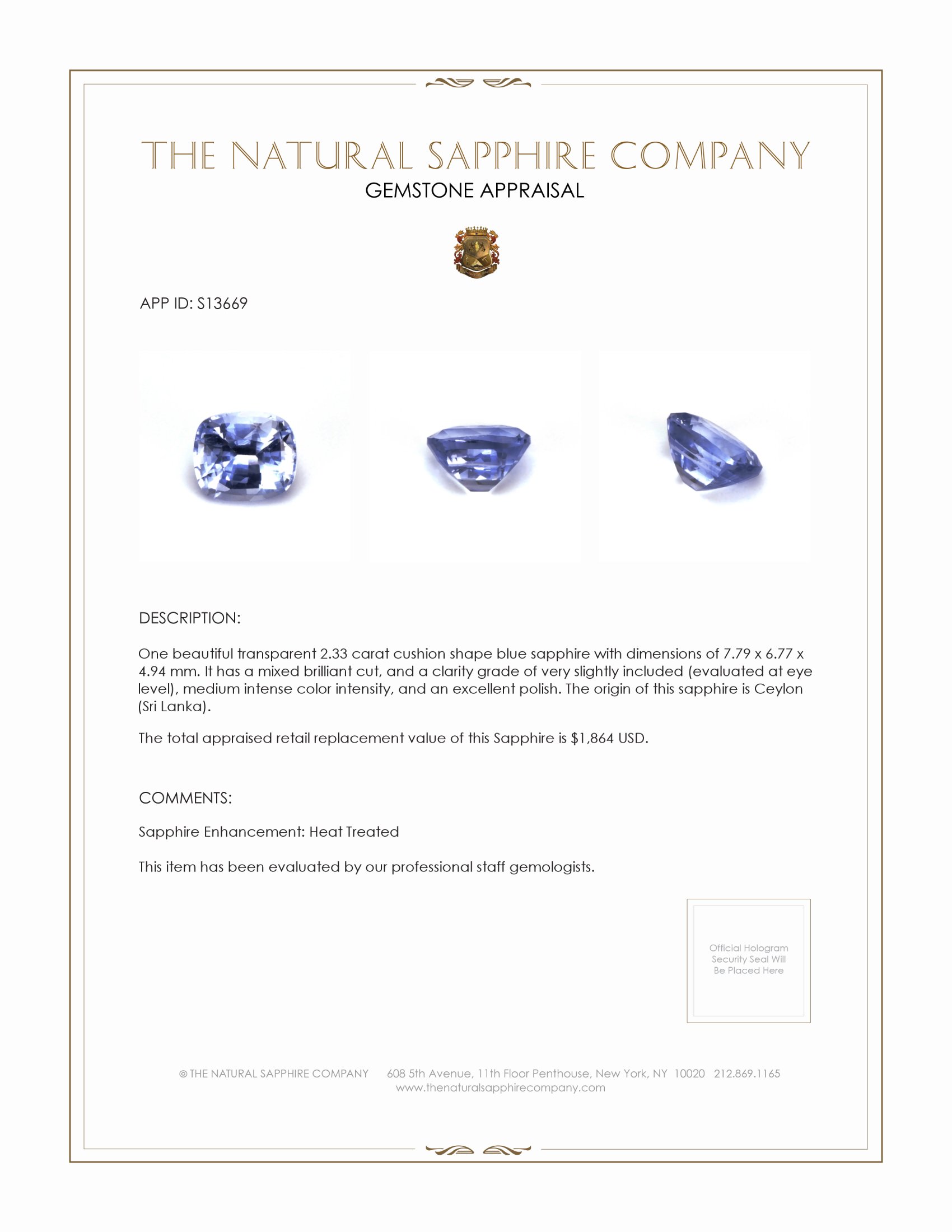 2.33 Ct. Blue Sapphire from Ceylon (Sri Lanka)