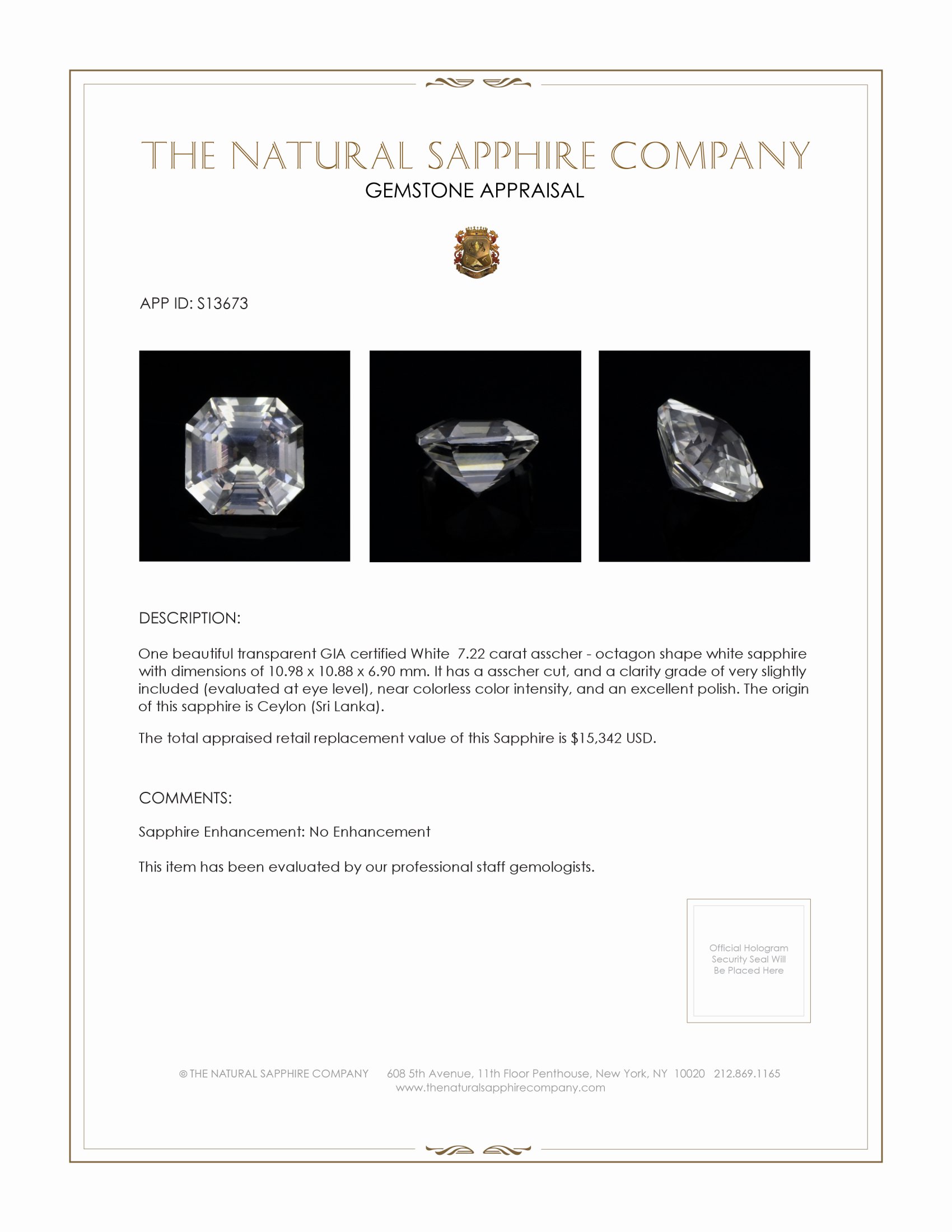7.22 Ct. White Sapphire from Ceylon (Sri Lanka)