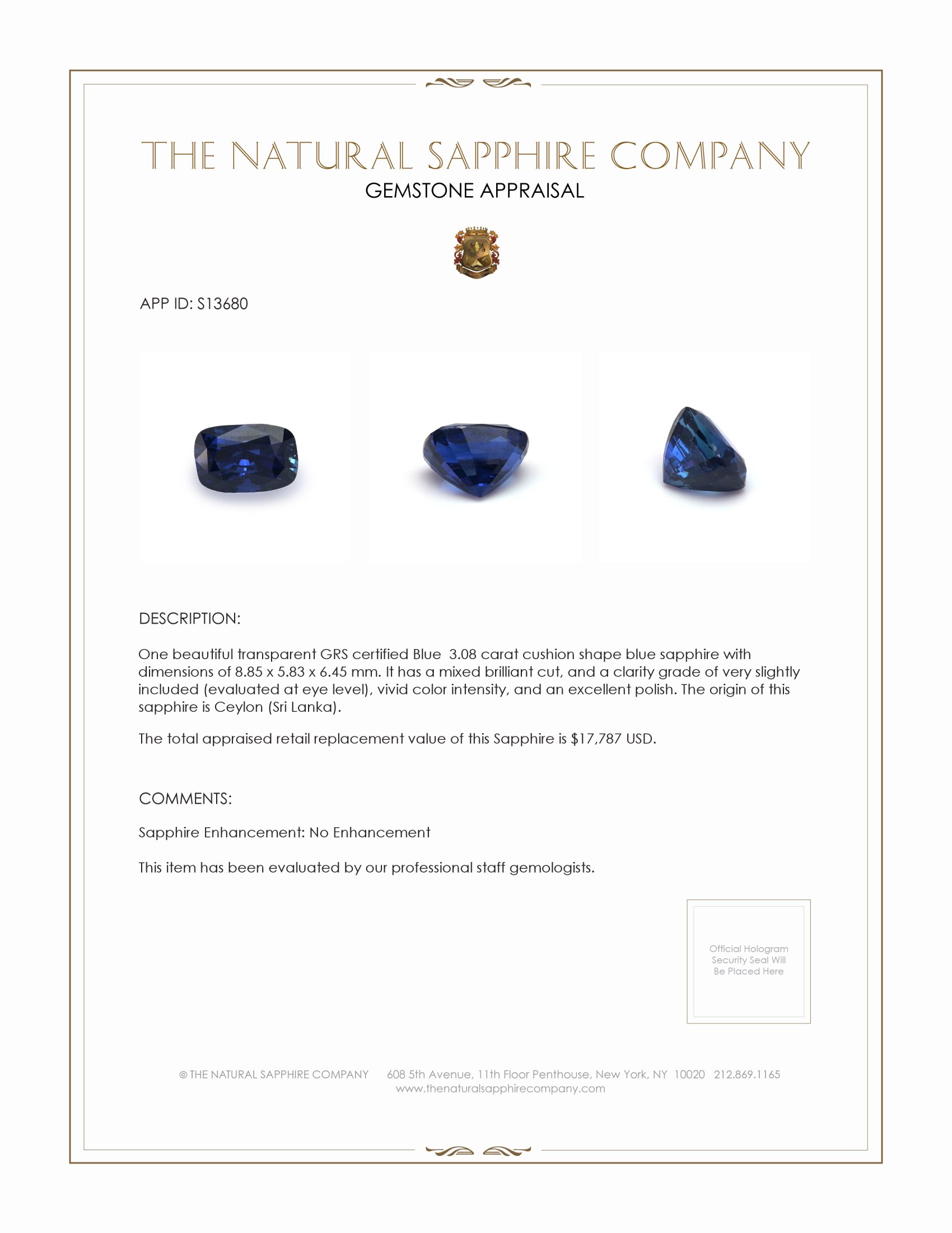 3.08 Ct. Blue Sapphire from Ceylon (Sri Lanka)