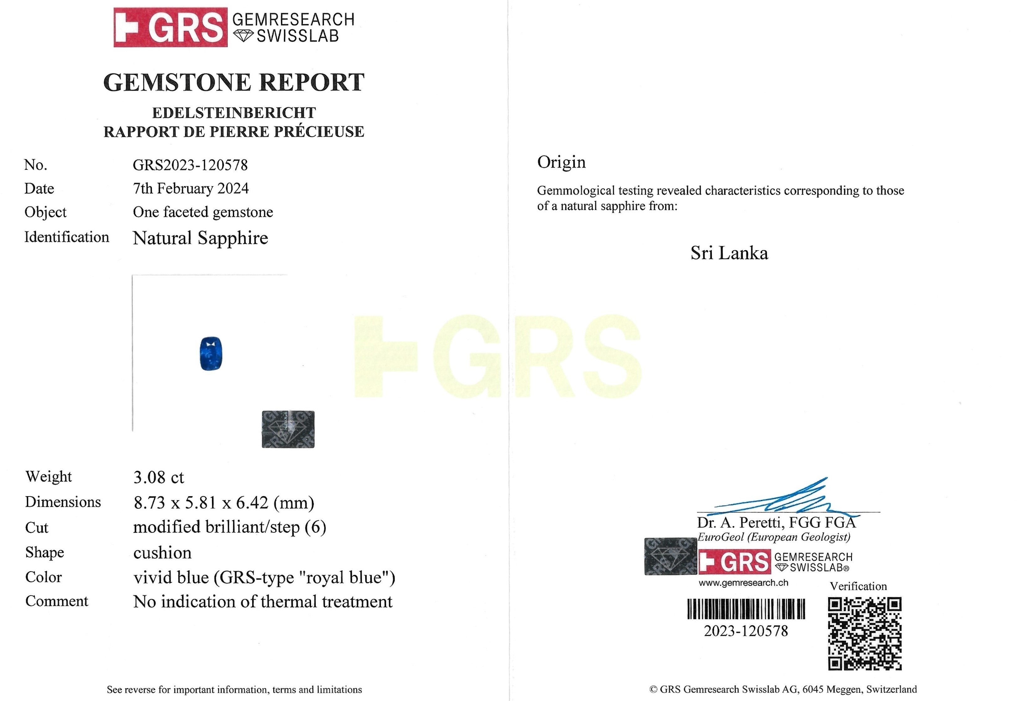 3.08 Ct. Blue Sapphire from Ceylon (Sri Lanka)