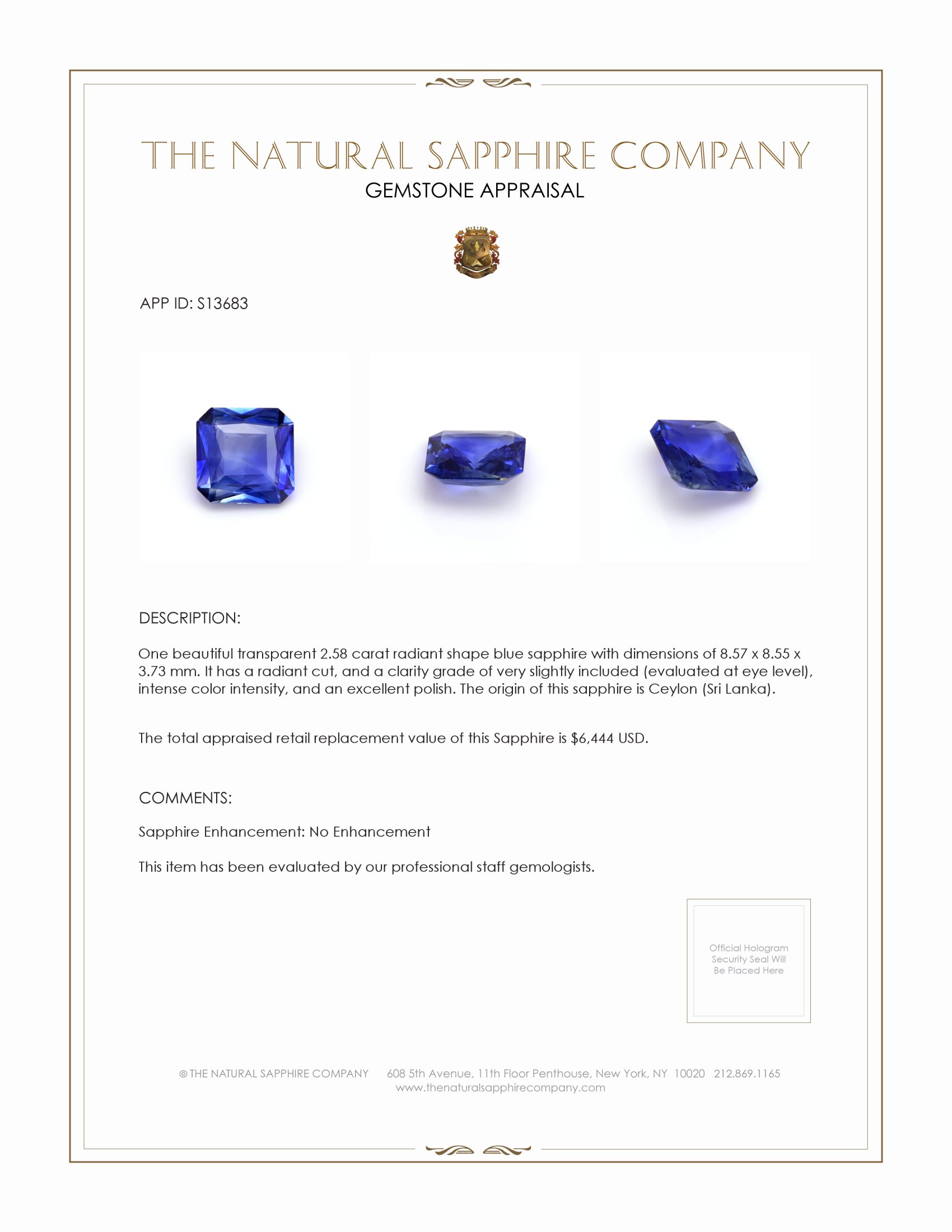 2.58 Ct. Blue Sapphire from Ceylon (Sri Lanka)