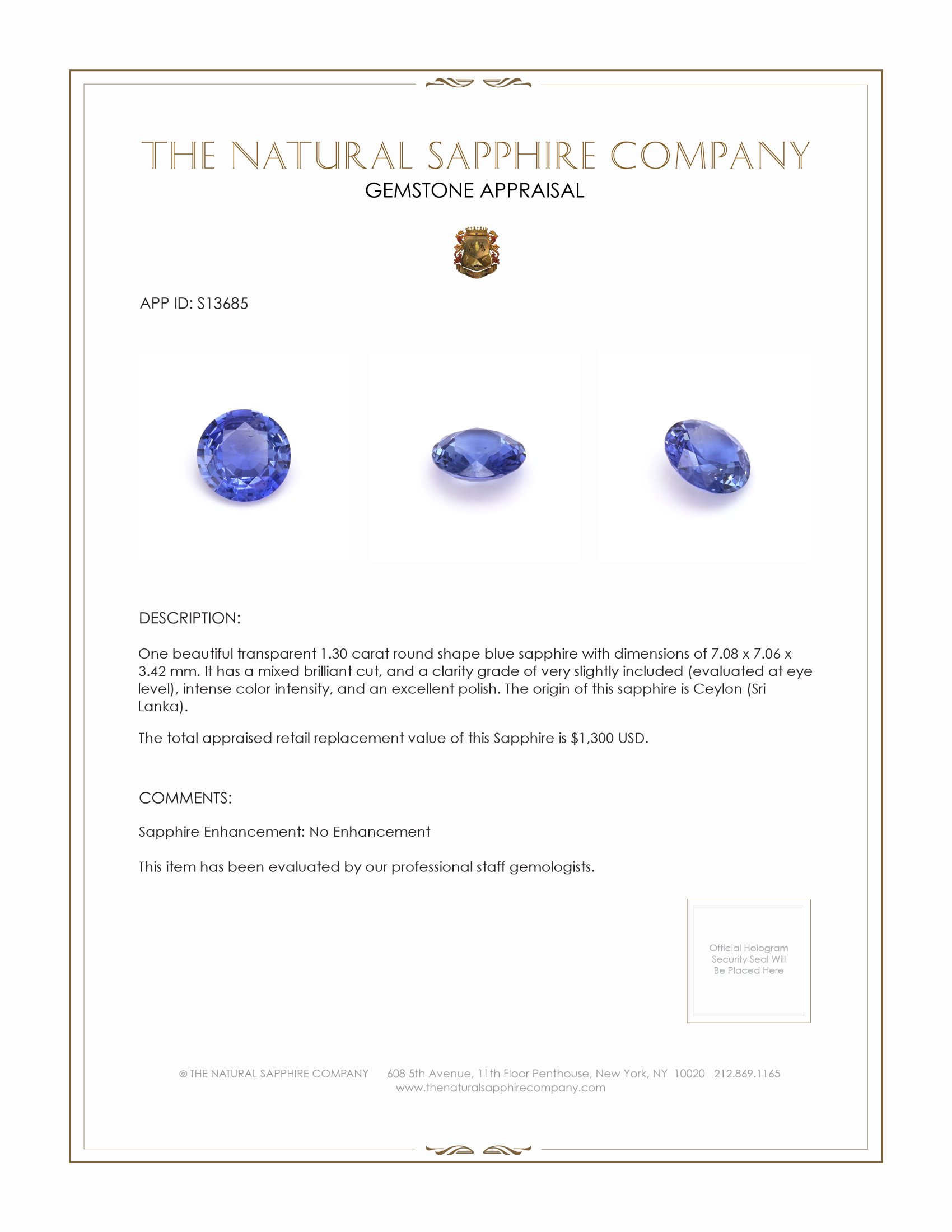 1.30 Ct. Blue Sapphire from Ceylon (Sri Lanka)