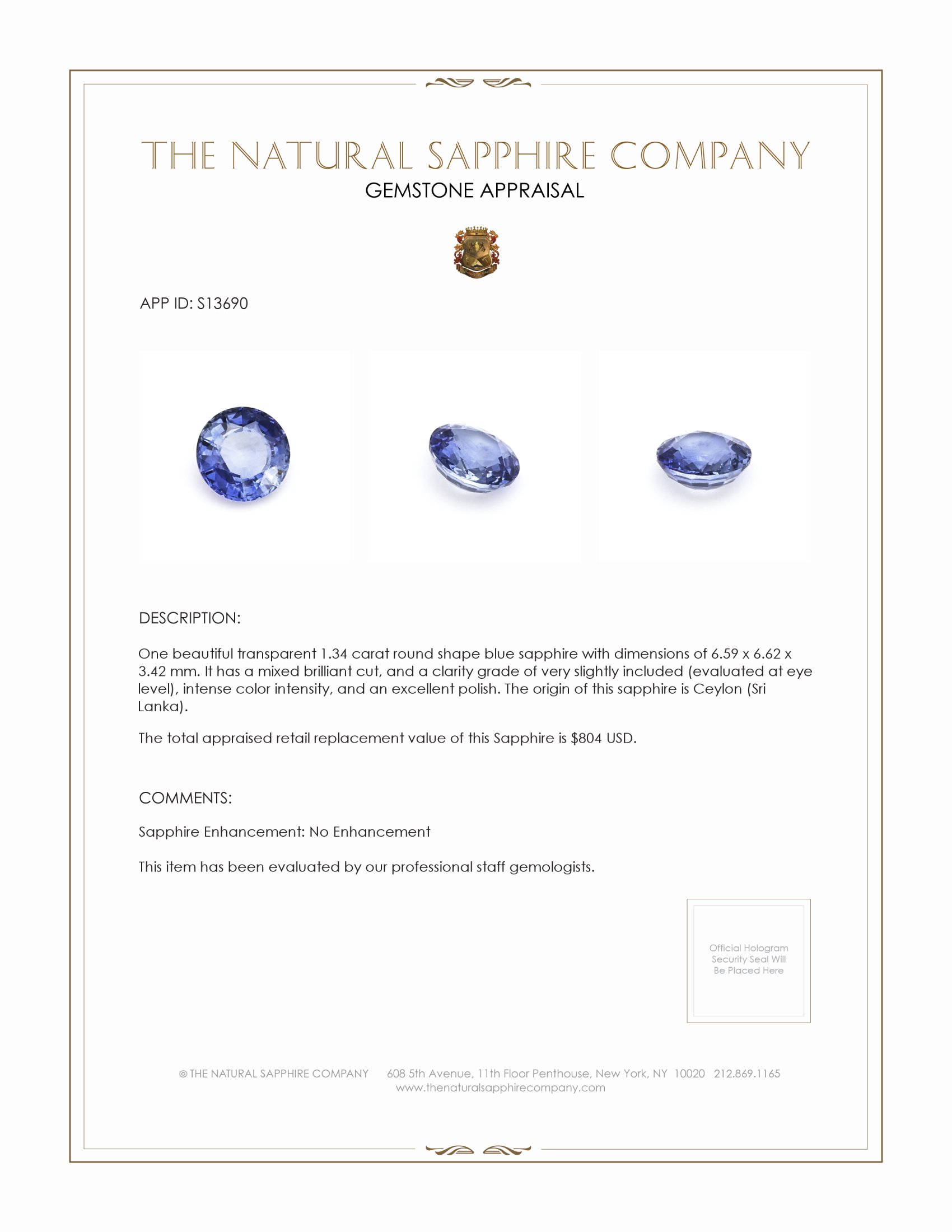 1.34 Ct. Blue Sapphire from Ceylon (Sri Lanka)