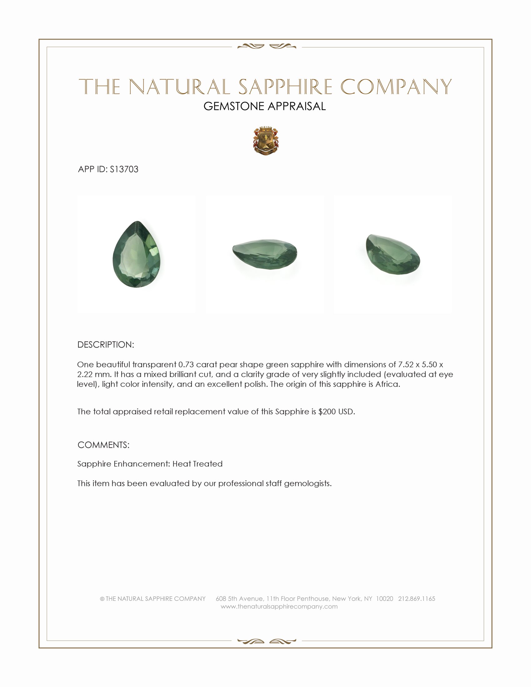 0.73 Ct. Green Sapphire from Africa