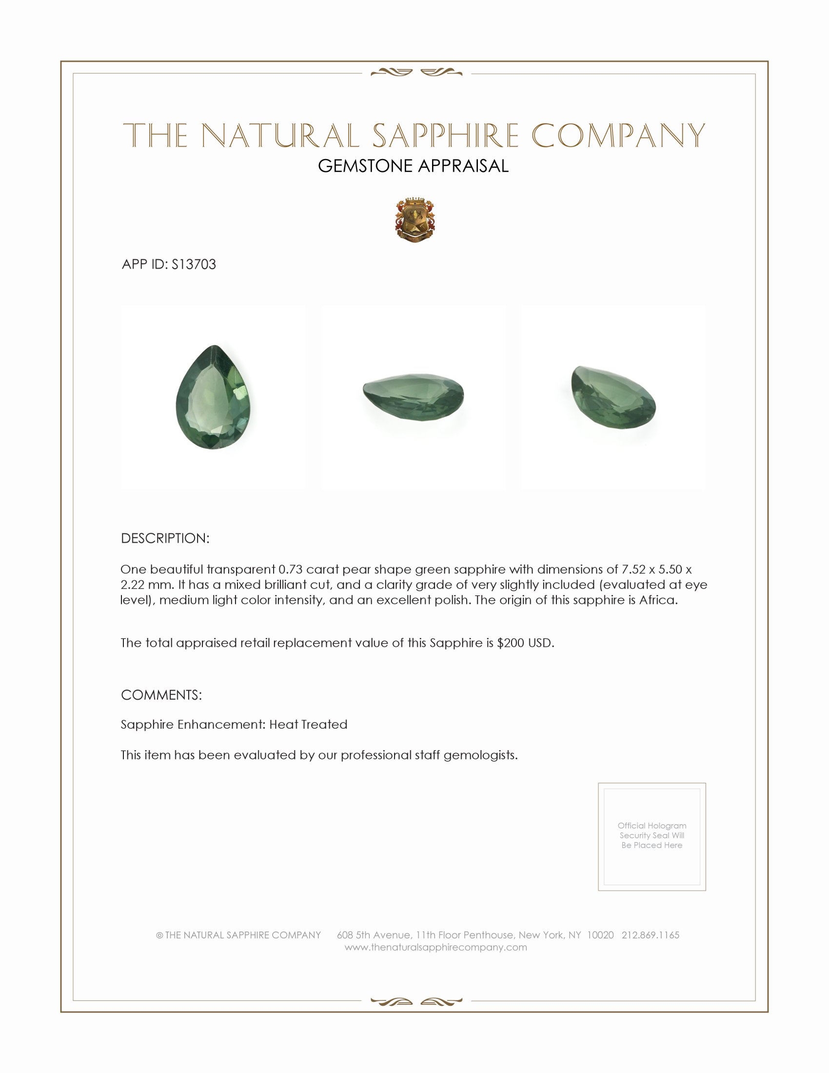 0.73 Ct. Green Sapphire from Africa
