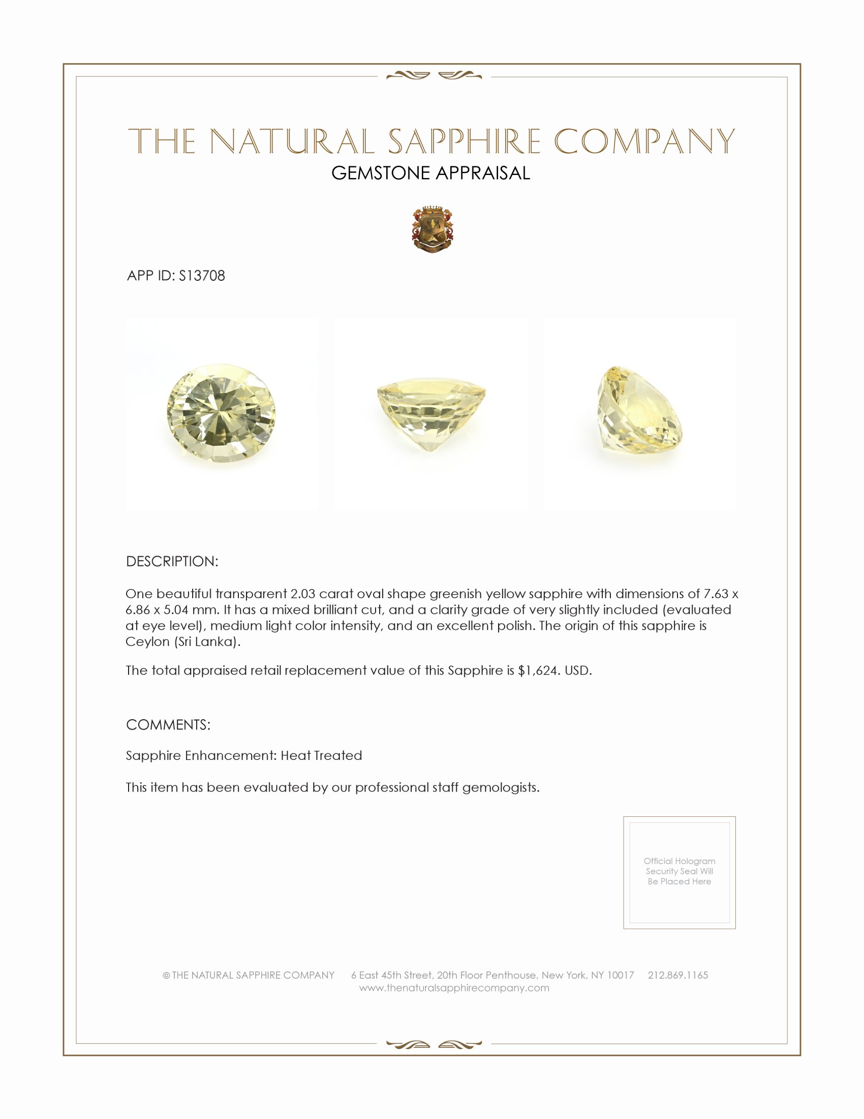 2.03 Ct. Yellow Sapphire from Ceylon (Sri Lanka)